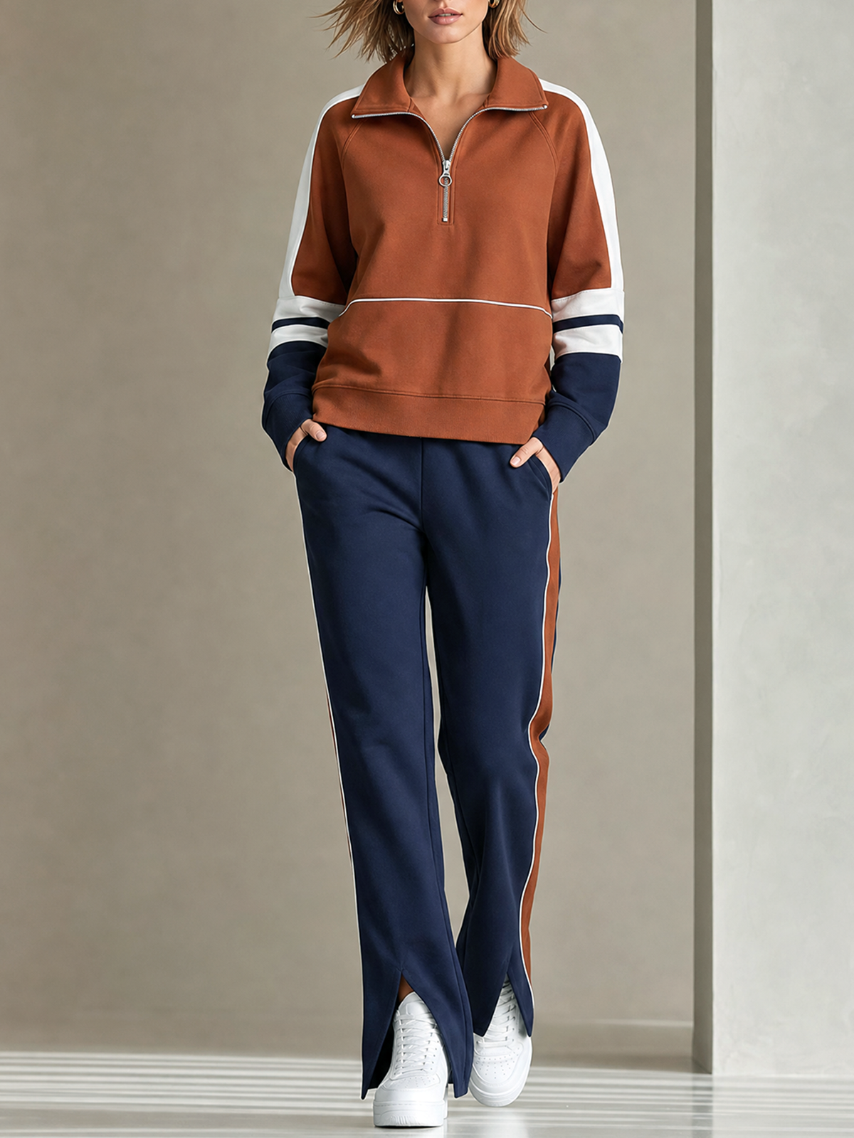 Caramel Color Block Lape Half Zip Raglan Sweatshirt Navy Front Slit Straight-leg Pants Set