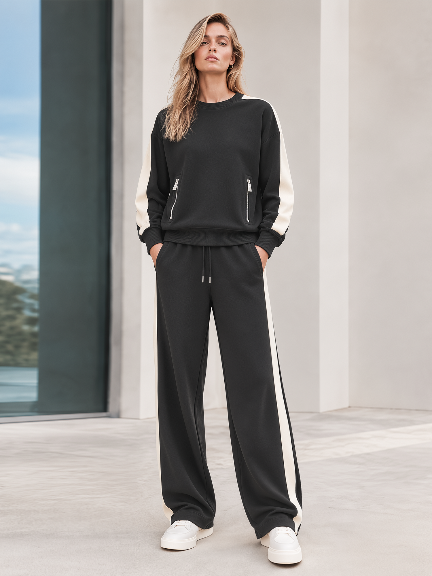 Charcoal Grey Color-Block Crewneck Sweatshirt With Faux Pockets And Wide-Leg Pants Set