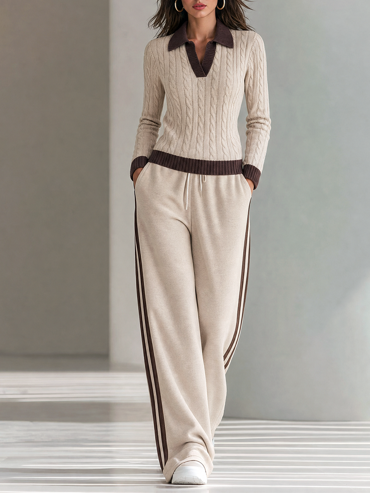 Oatmeal Lape V‑Neck Contrast Trim Cable Knit Sweater Side-Stripe Wide-leg Pants Set