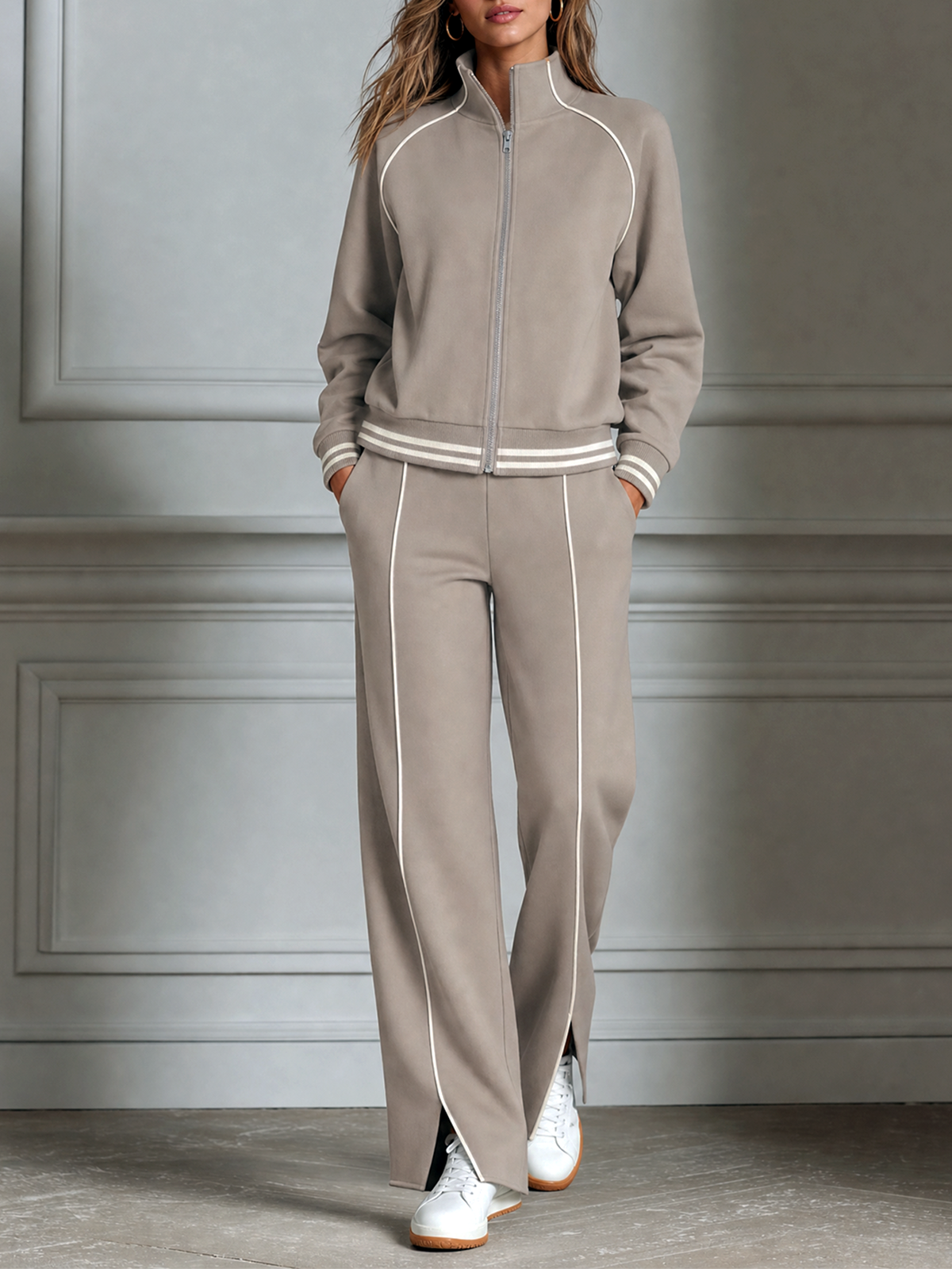 Taupe Stand Full Zip Contrast Trim Raglan Jacket Front Slit Wide-leg Pants Set