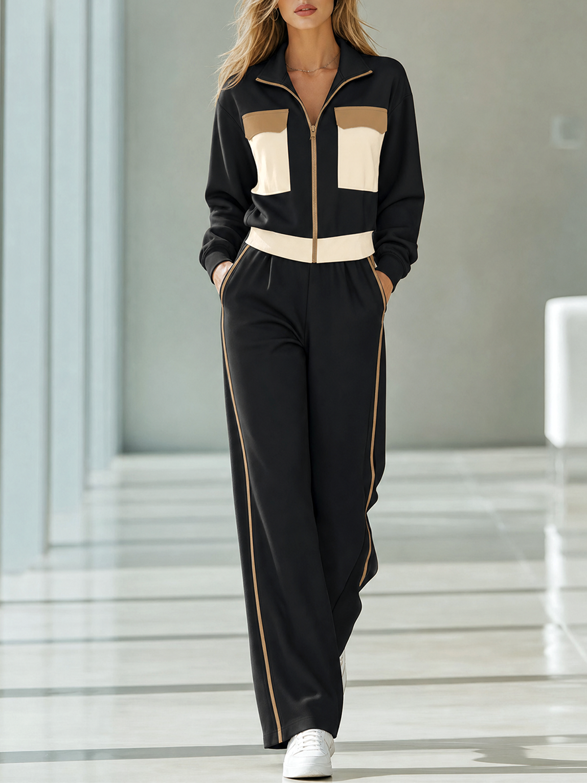 Black Stand Full Zip Contrast Trim Patch Pocket Jacket Wide-leg Pants Set