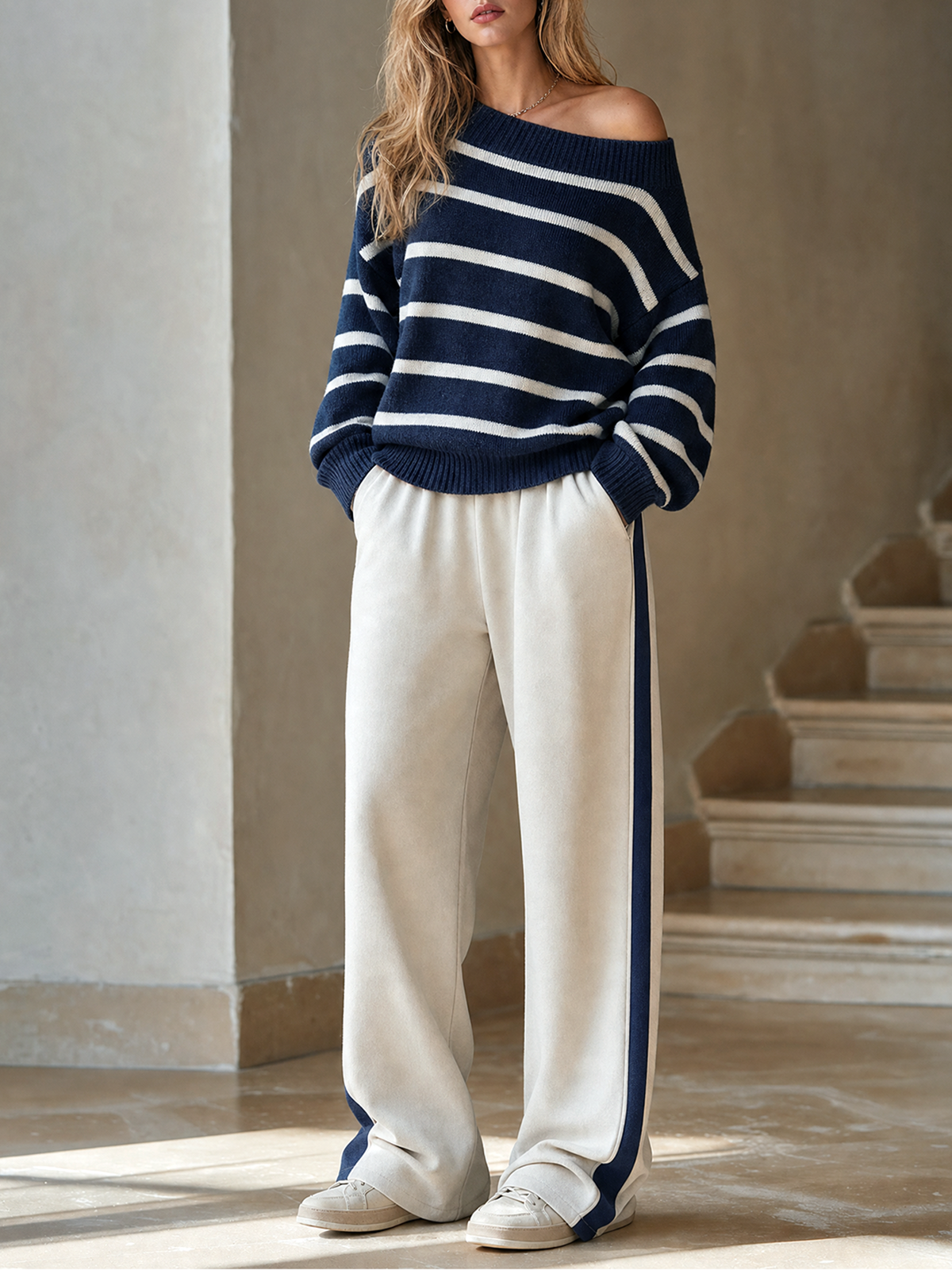 Navy Blue-White Stripe Off Shoulder Oversize Knit Sweater Side-Stripe Wide-leg Pants Set