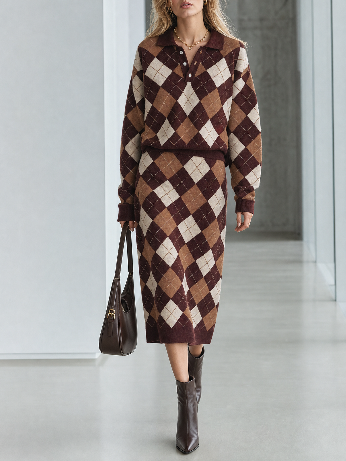 Brown ArgyleJacquard Lape Half Button Knit Sweater Two Piece Midi Skirt Set