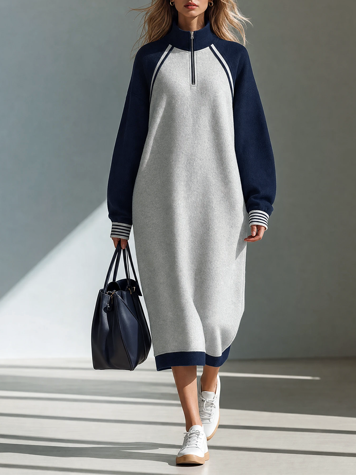 Heather Gray-Navy Color-Block Stand Half Zip Raglan-Sleeve Midi Dres