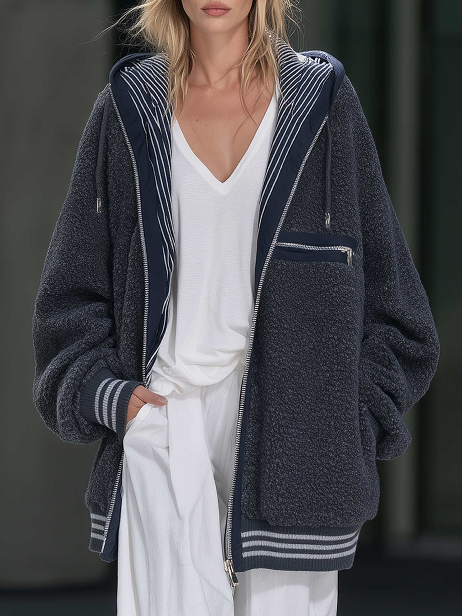Dark Gray And Navy Striped Hooded Teddy-fleece Zip-up Jacket