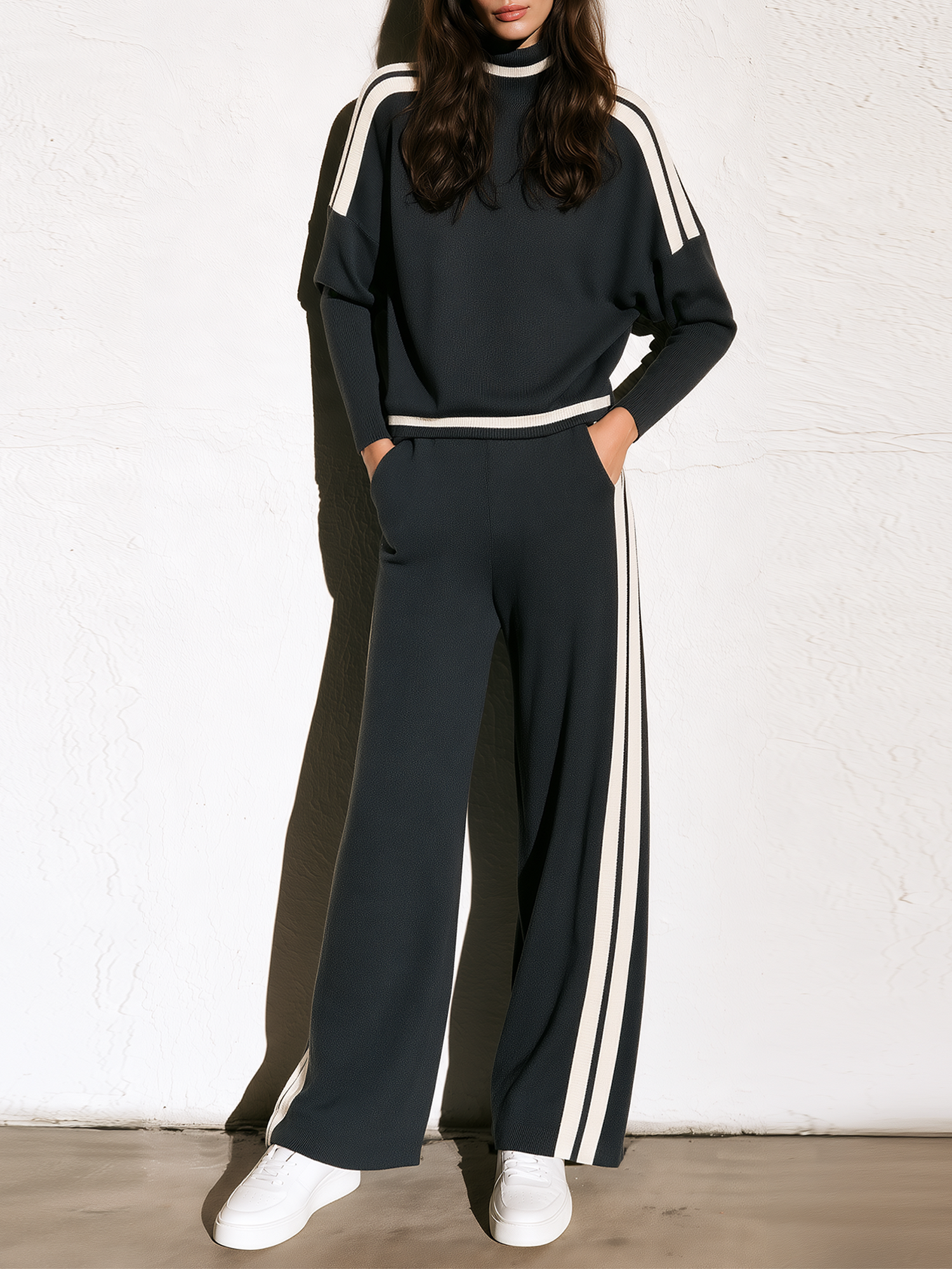 Charcoal Gray Color-block High-neck Top With Leg-of-mutton Sleeves And Wide-leg Trousers Set