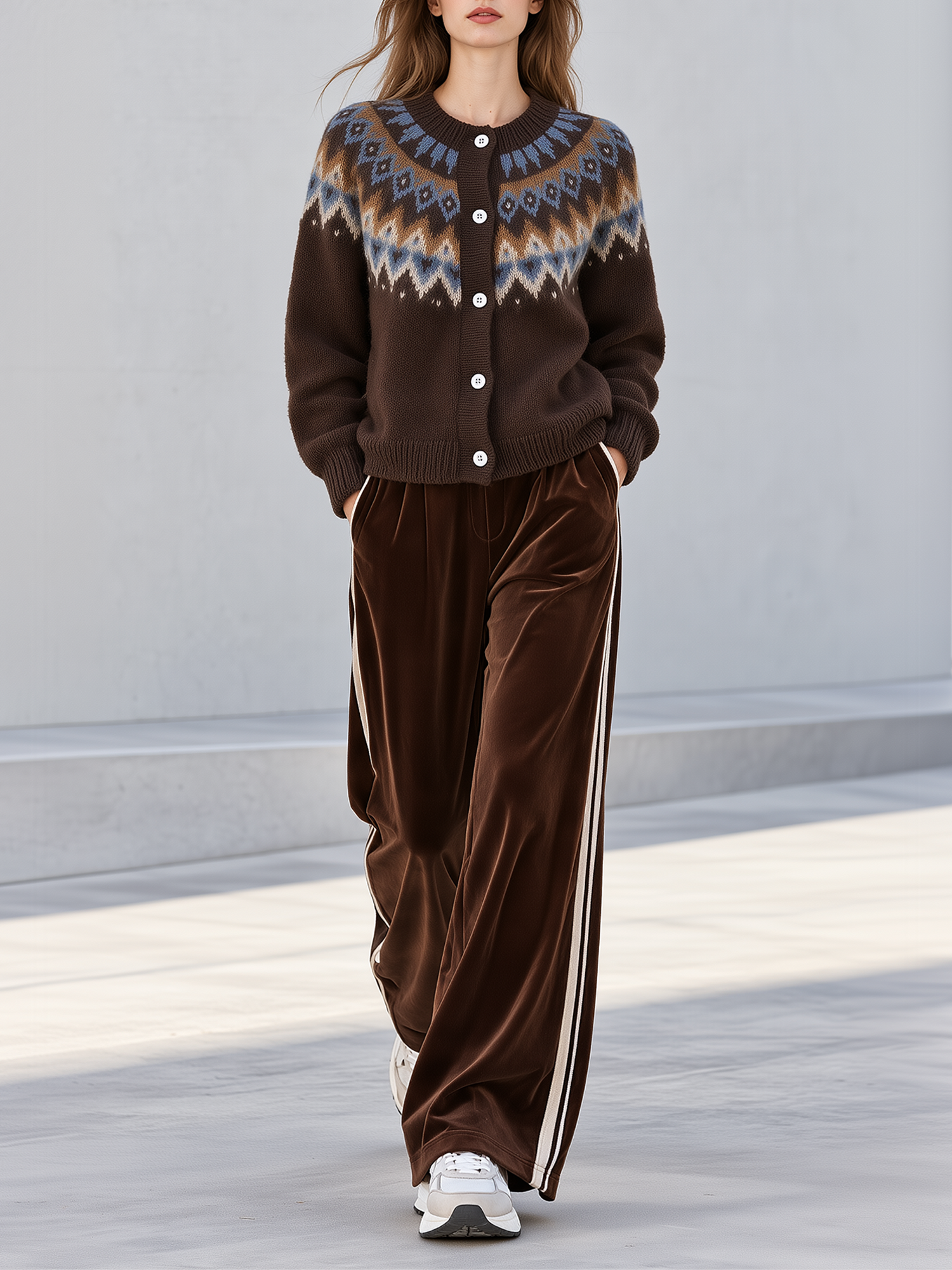 Brown Fair Isle Jacquard Cardigan And Wide-leg Trousers With Velvet Side Stripes Set