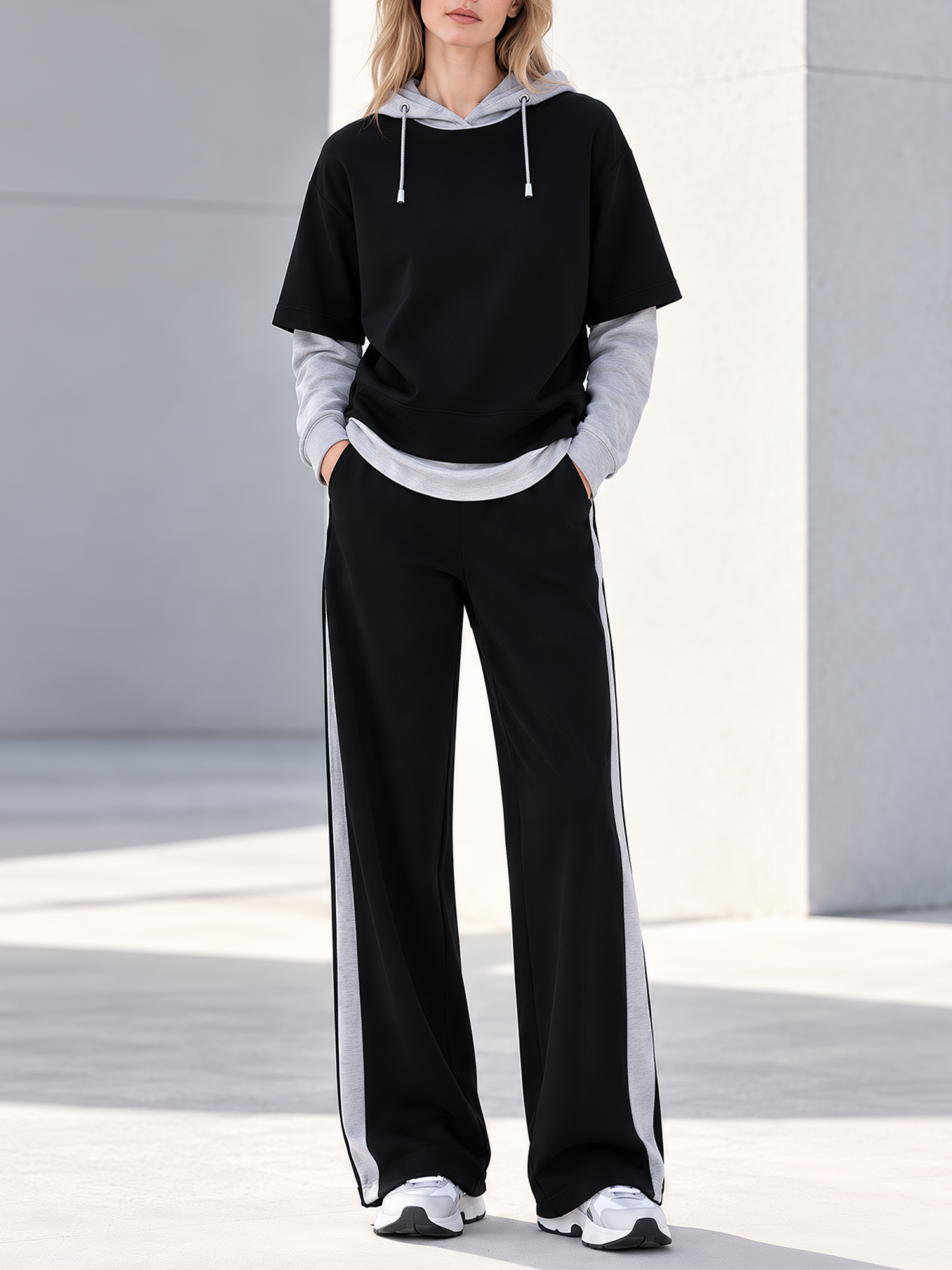 Black Grey Fake Two Piece Hooded Sweatshirt Side Stripe Wide Leg Pants Set