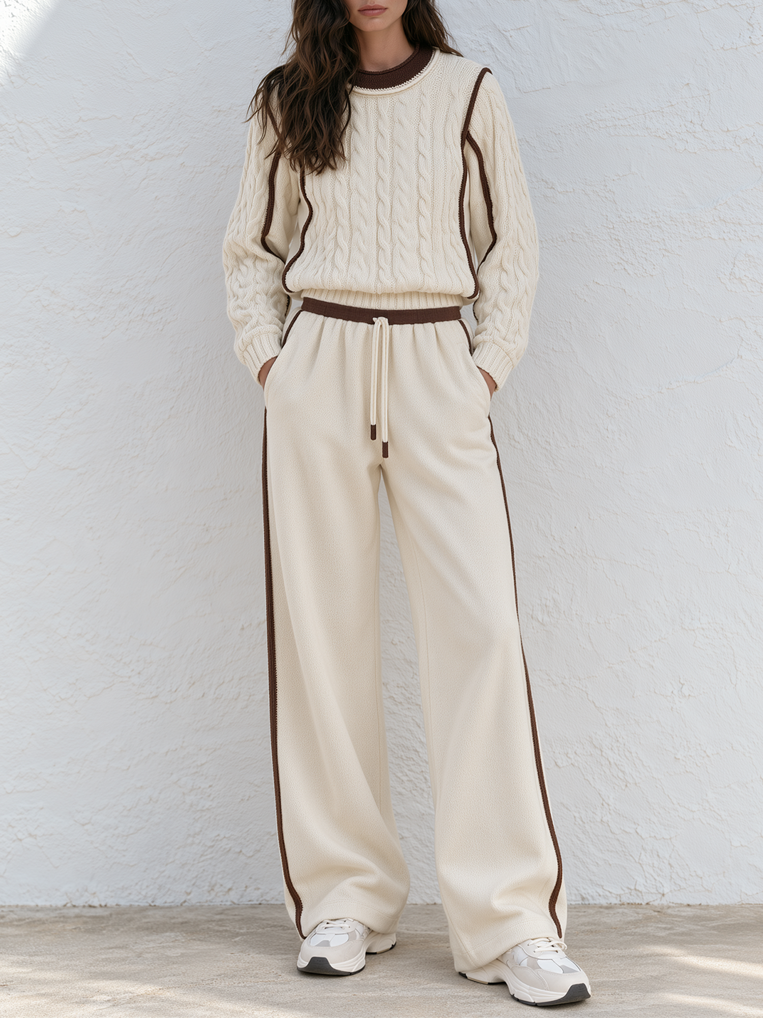 Off-white Color-block Cable-knit Sweater And Side-stripe Wide-leg Trousers Set