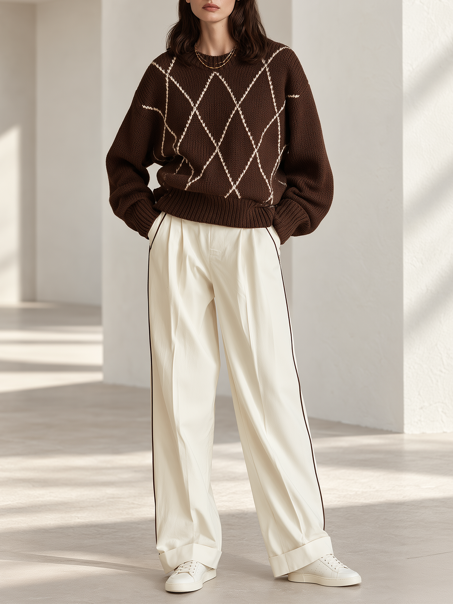 Brown-based Diamond-pattern Crew-neck Sweater And Off-white Wide-leg Trousers Set