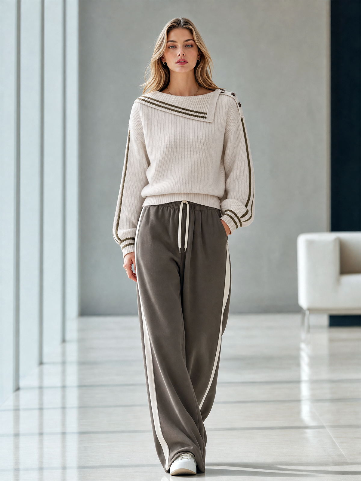 Off White Sailor Collar Contrast Stripe Knit Sweater Taupe Side-Stripe Wide-leg Pants Set