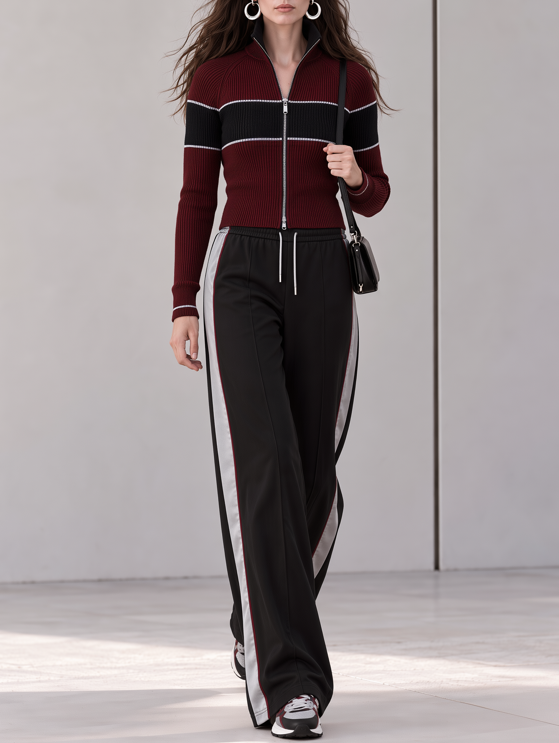 Burgundy Color-block Cardigan And Black Wide-leg Trousers Set