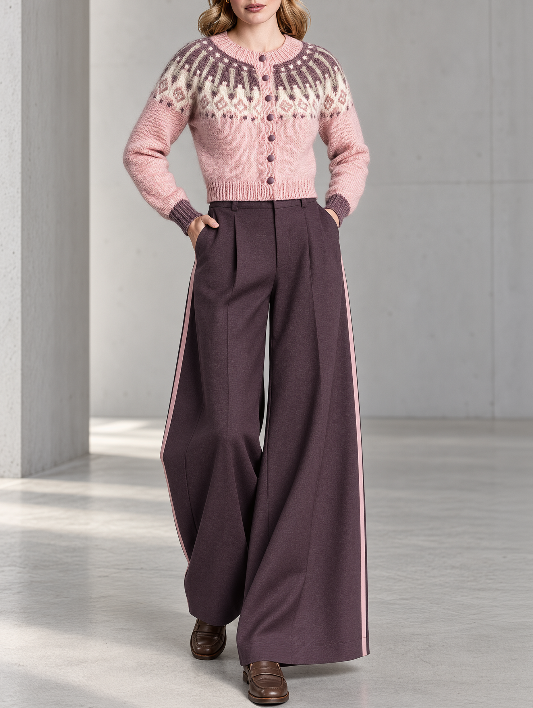 Pink Jacquard Cardigan And Stylish Wide-Leg Trousers Set