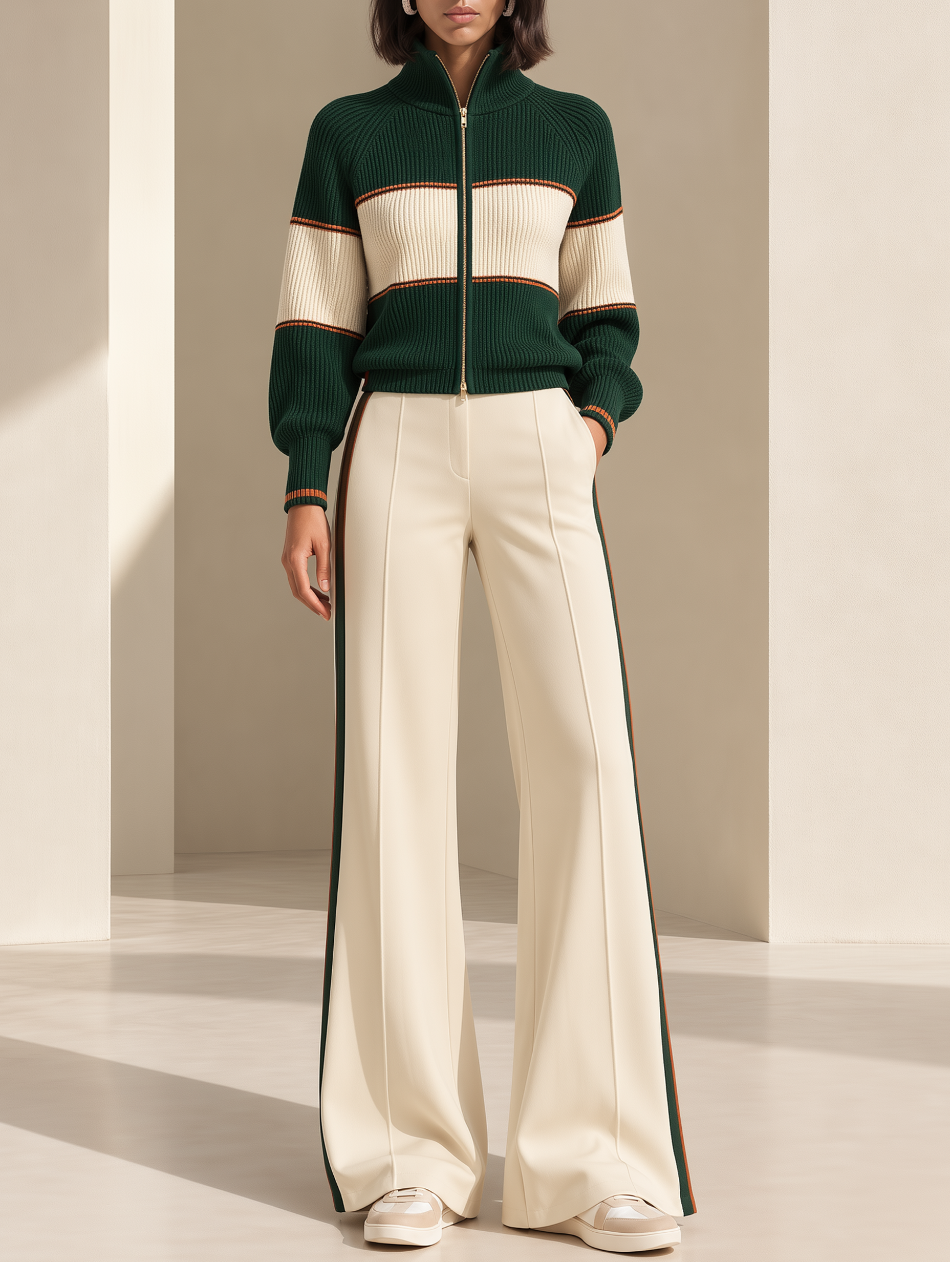 Dark Green Color-block Cardigan And Off-white Wide-leg Trousers Set
