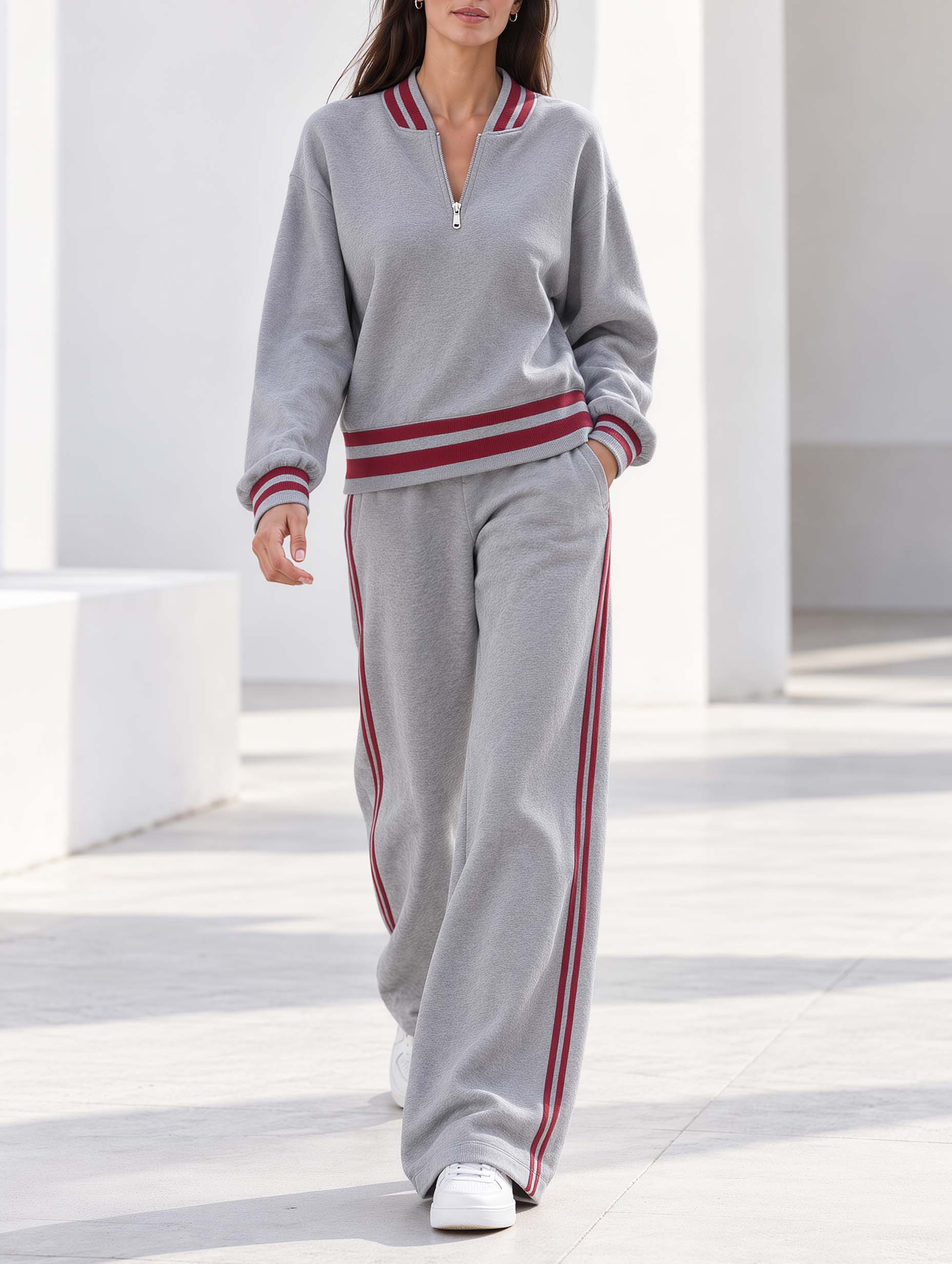 Light-activewear Grey Color-block Long-sleeve Half-zip Top And Trousers Casual Set