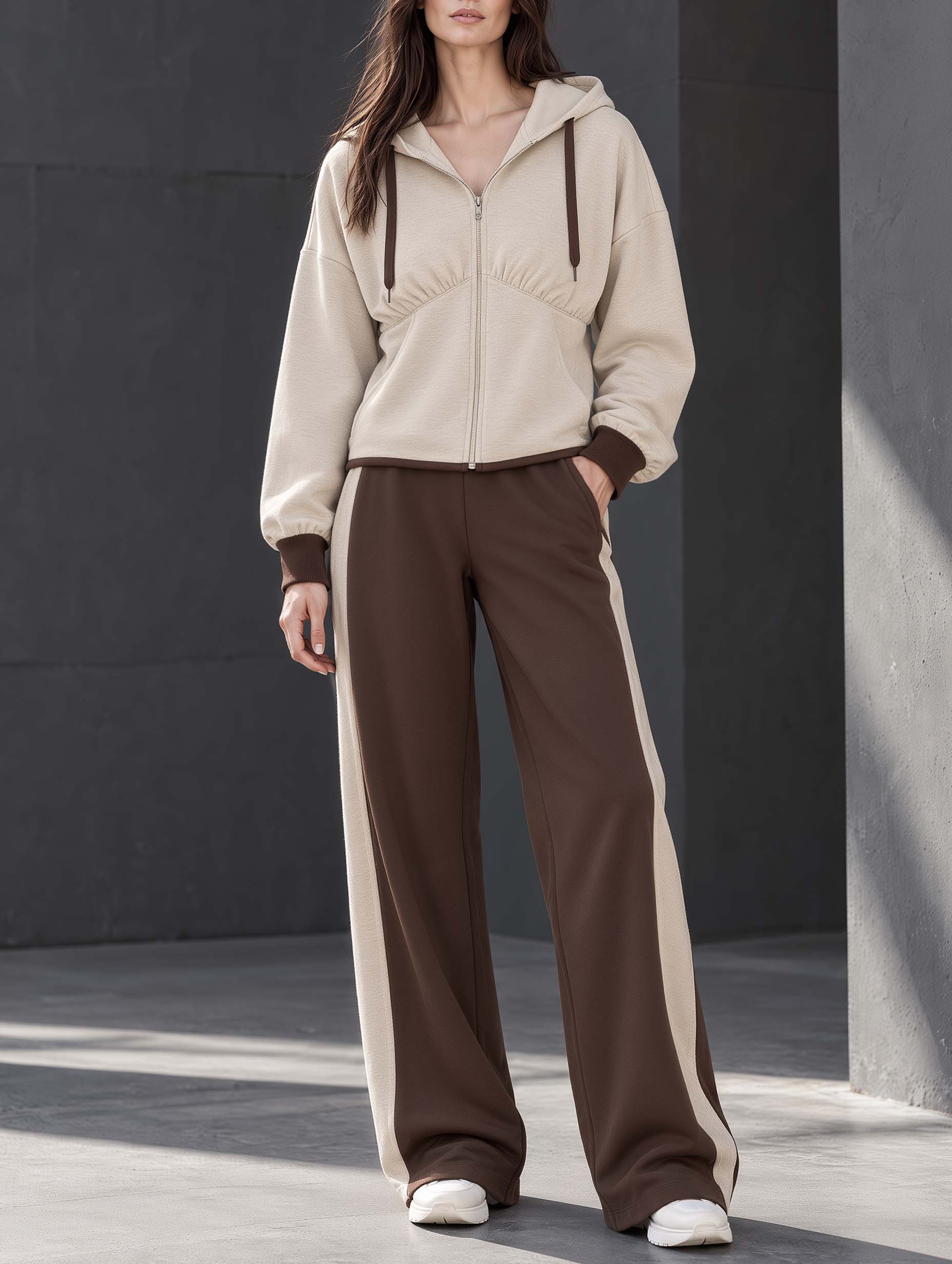 Stylish Casual Long-sleeved Hooded Jacket And Trousers Set In A Khaki And Brown Color-block Design