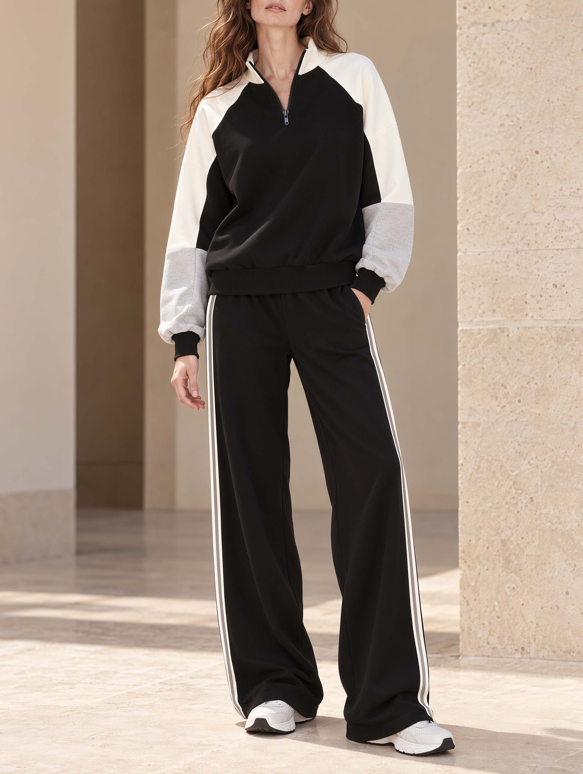Versatile Sporty-style Black Color-block Long-sleeve Half-zip Top And Pants Set
