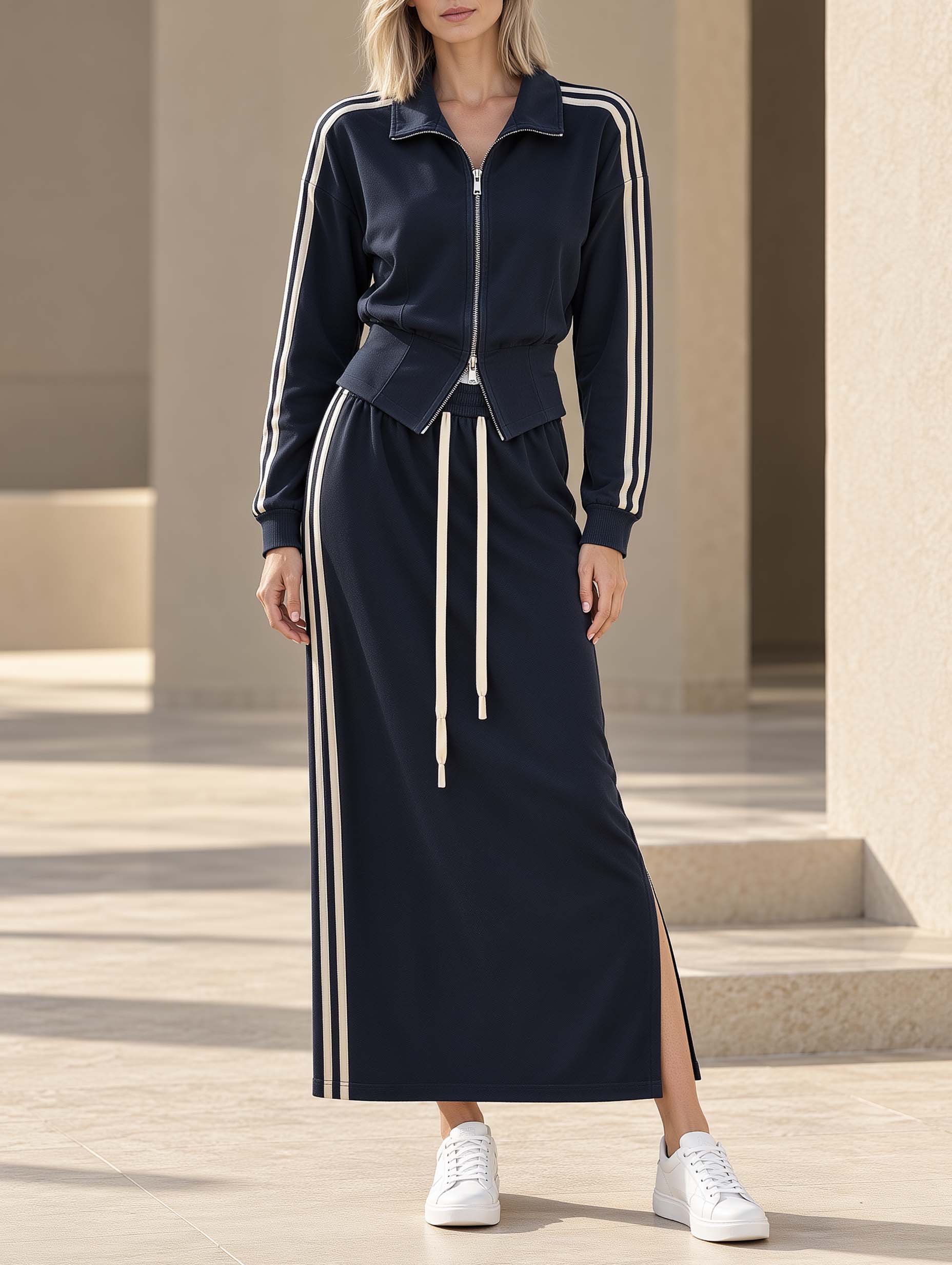 Stylish And Sophisticated Navy Long-sleeved Jacket And Side-slit Maxi Skirt Casual Set