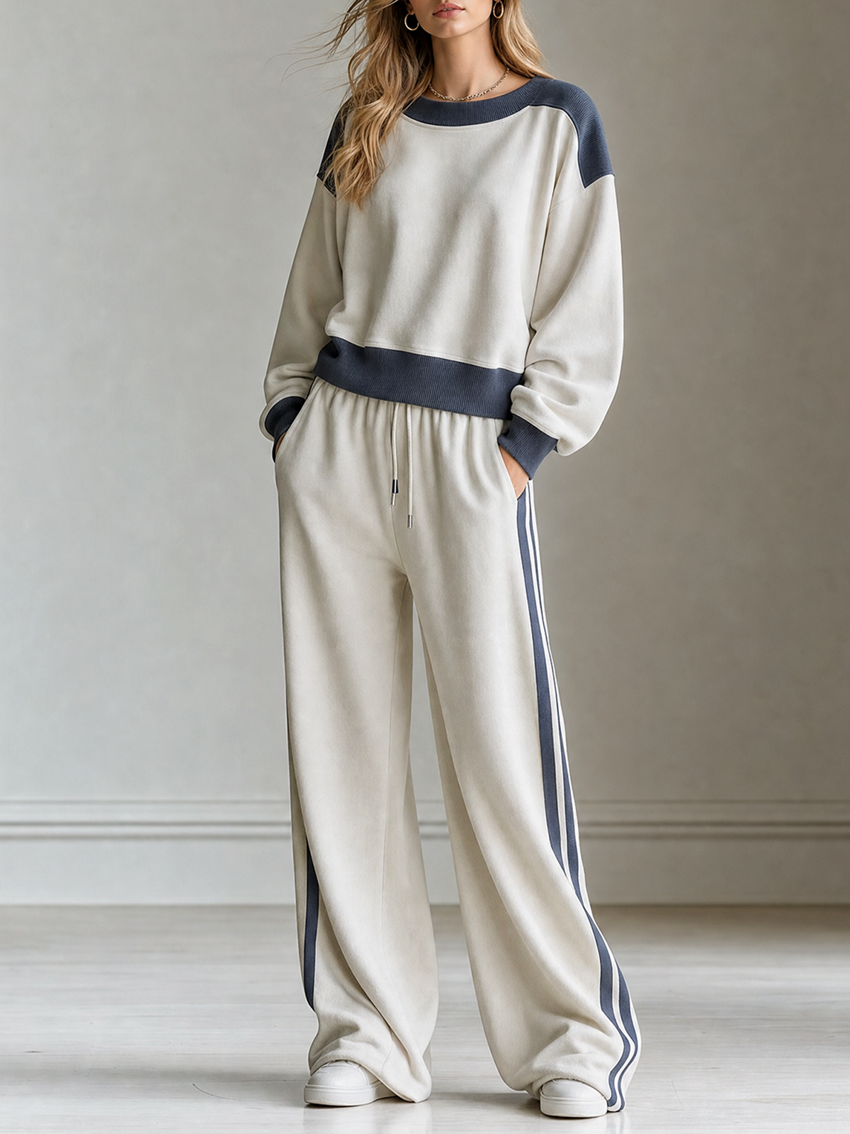 Off White-Navy Color Block Crew Neck Sweatshirt Side-Stripe Wide-leg Pants Set