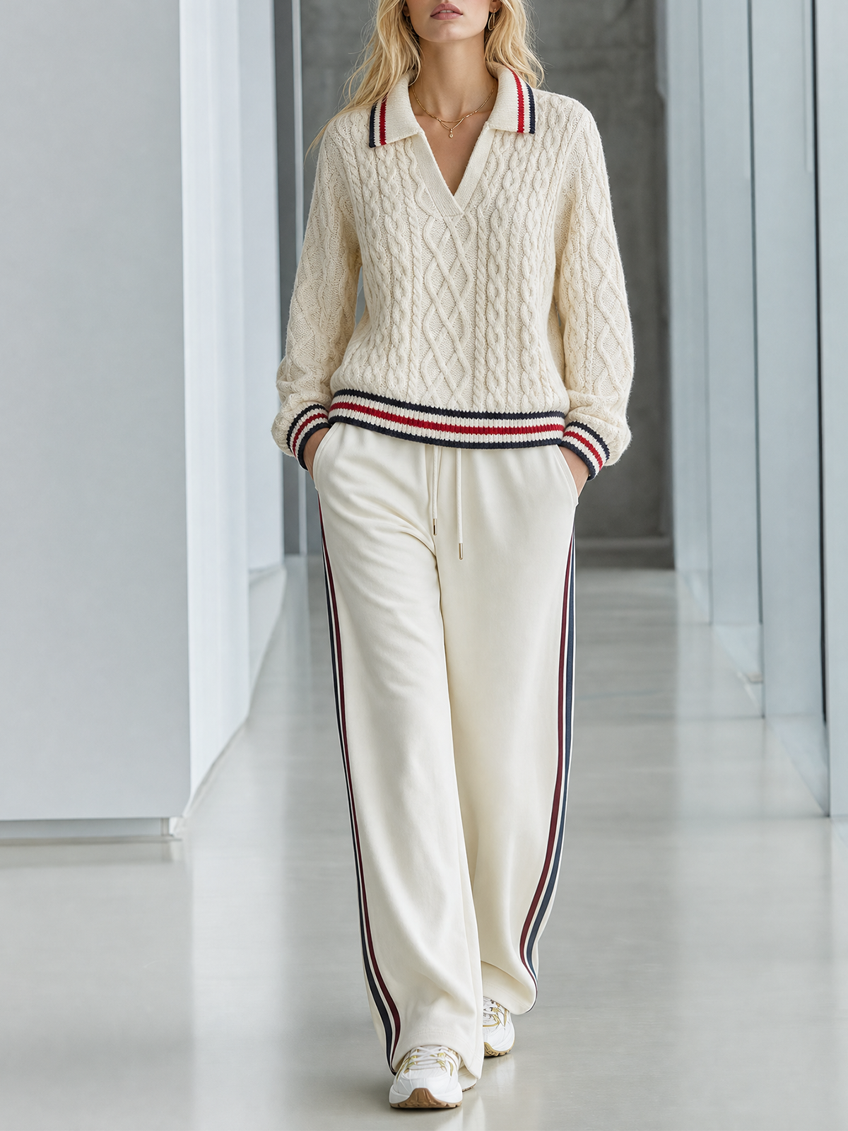 Off White Lape V-Neck Contrast Stripe Cable Knit Sweater Side-Stripe Wide-leg Pants Set