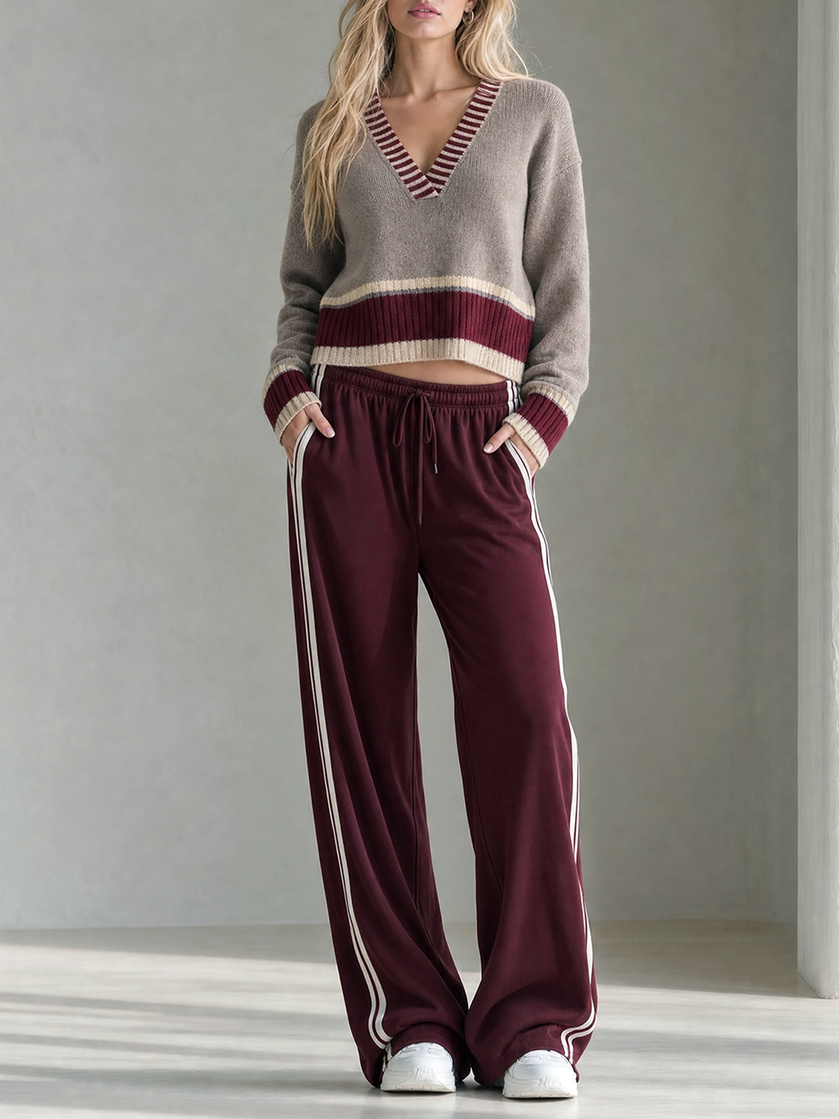 Light Taupe-Burgundy Color Block V-Neck Cropped Knit Sweater Side-Stripe Wide-leg Pants Set