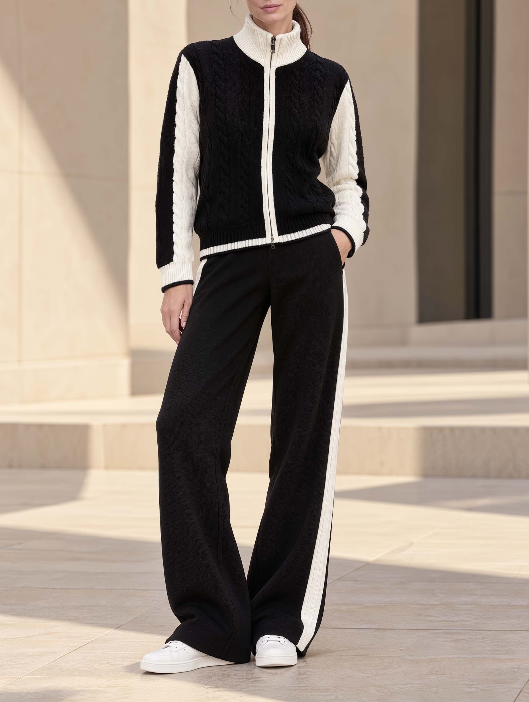 Stylish Black And White Color-Block Long-Sleeve Sweater And Trousers Casual Set