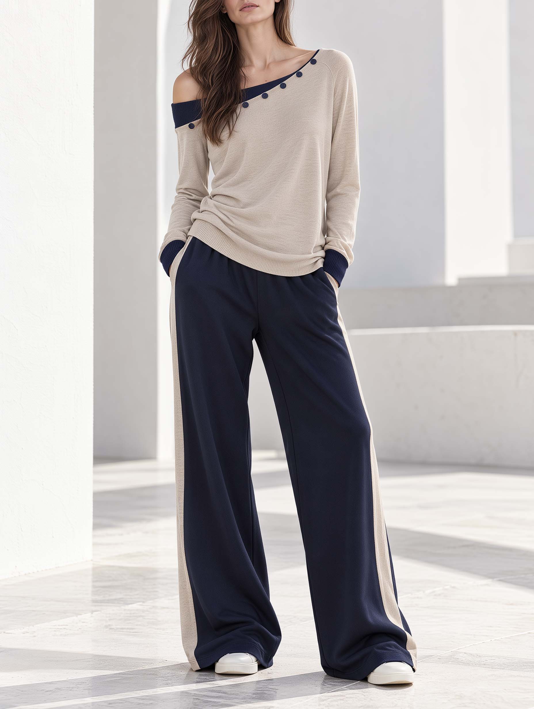 Oatmeal And Navy Off-shoulder Long-sleeve Top And Wide-leg Trousers Set