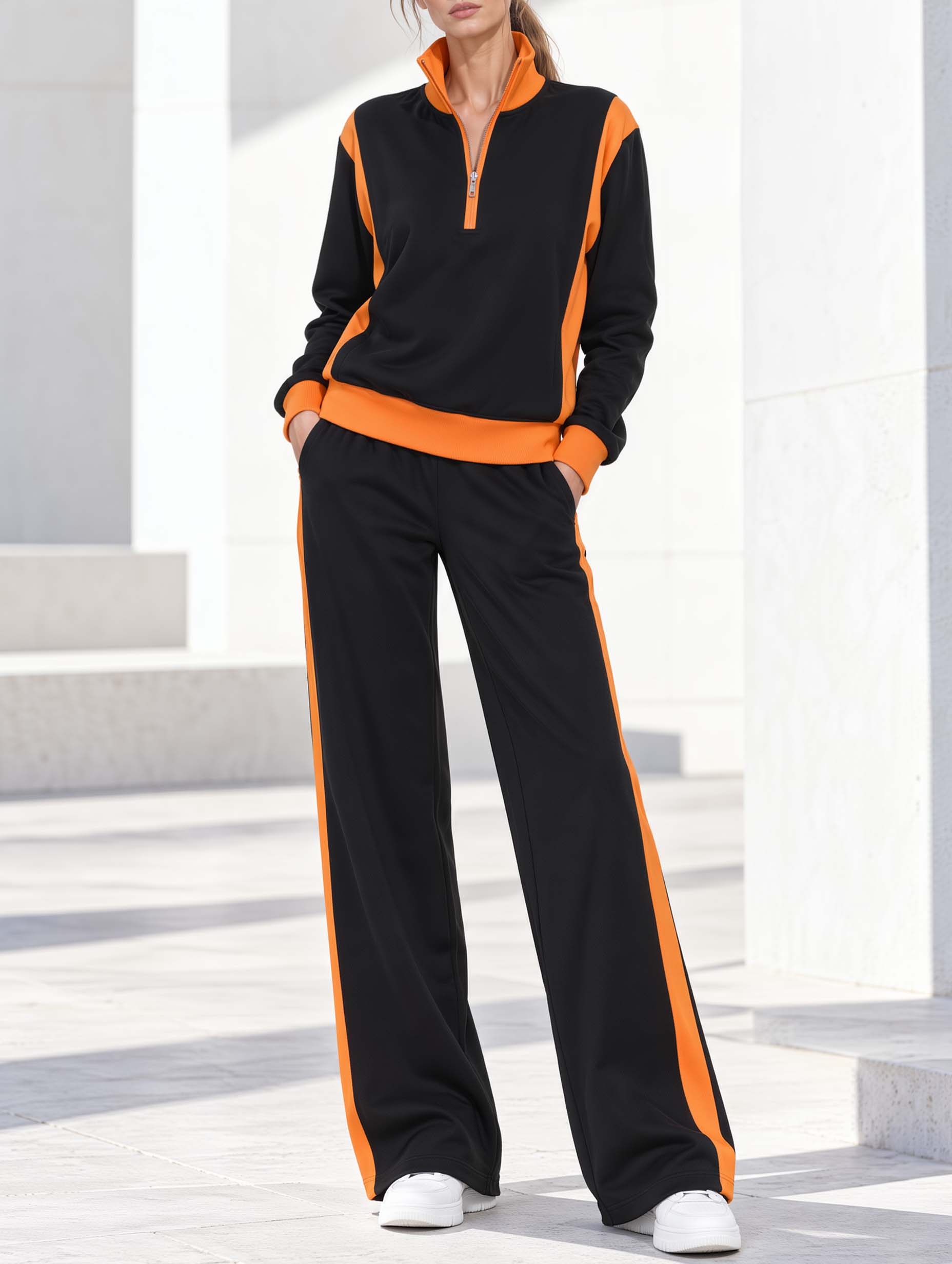 Stylish Casual Black And Orange Color-block Long-sleeve Half-zip Top And Trousers Set