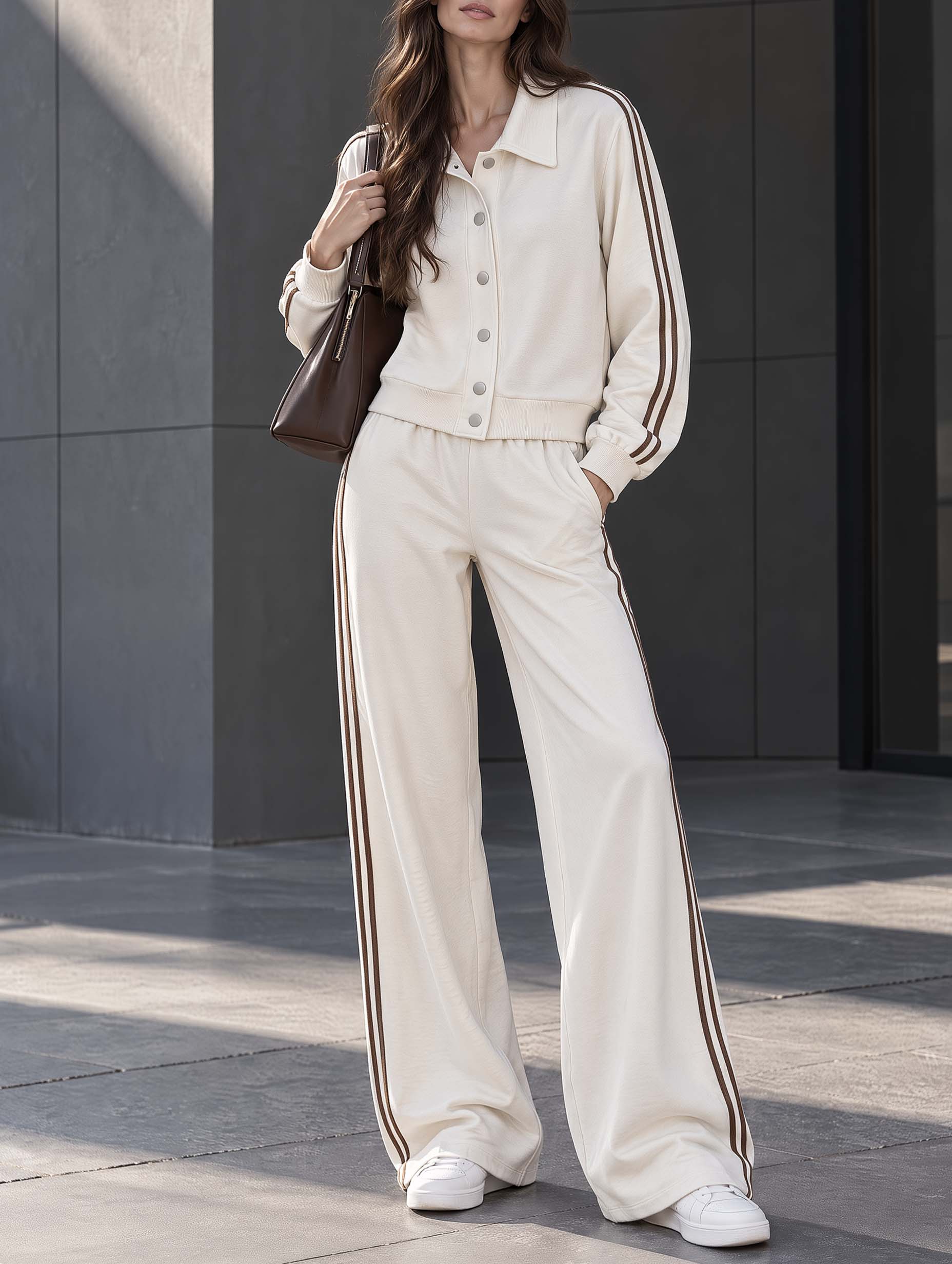 Stylish Off-white Long-sleeved Collared Jacket And Wide-leg Trousers Set
