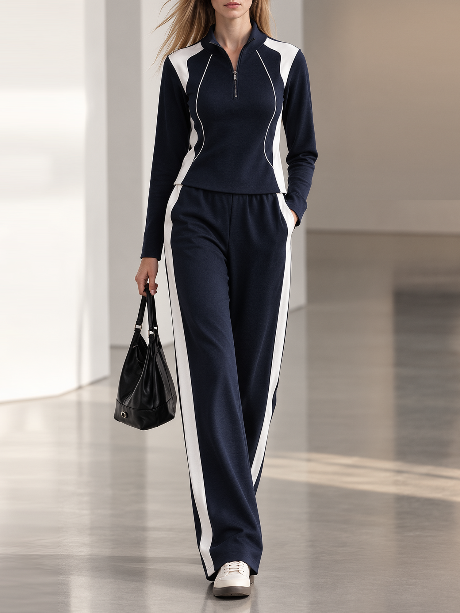 Navy Color-block Long-sleeve Half-zip Top And Wide-leg Trousers Casual Set