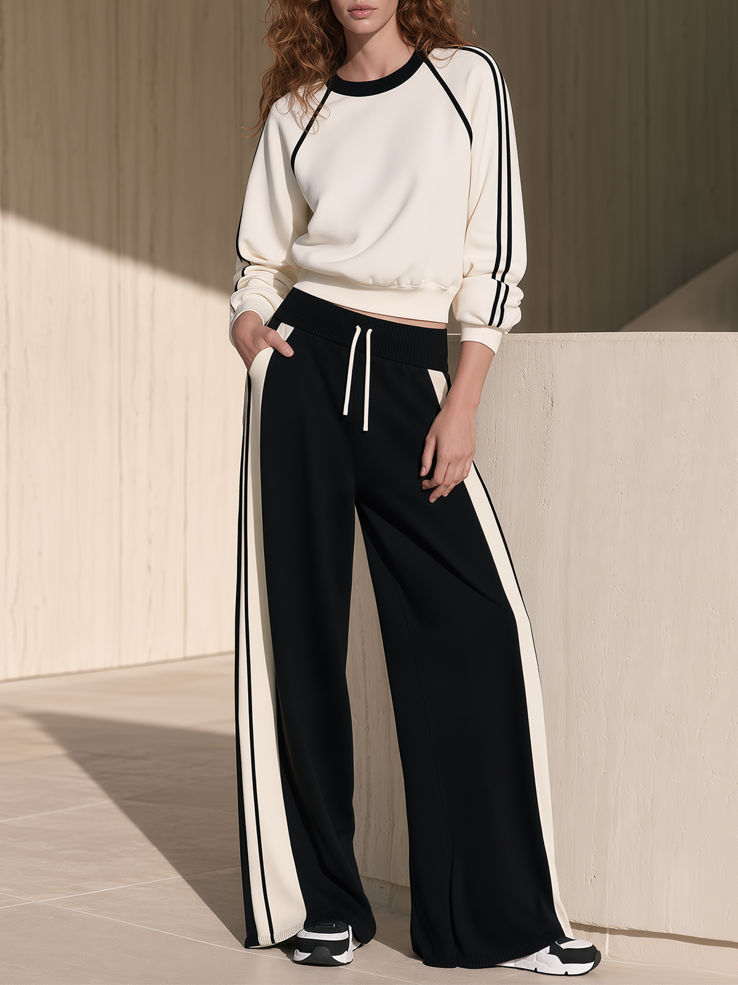 Cream Black Color Block Raglan Sweatshirt Side Stripe Wide Leg Pants Set