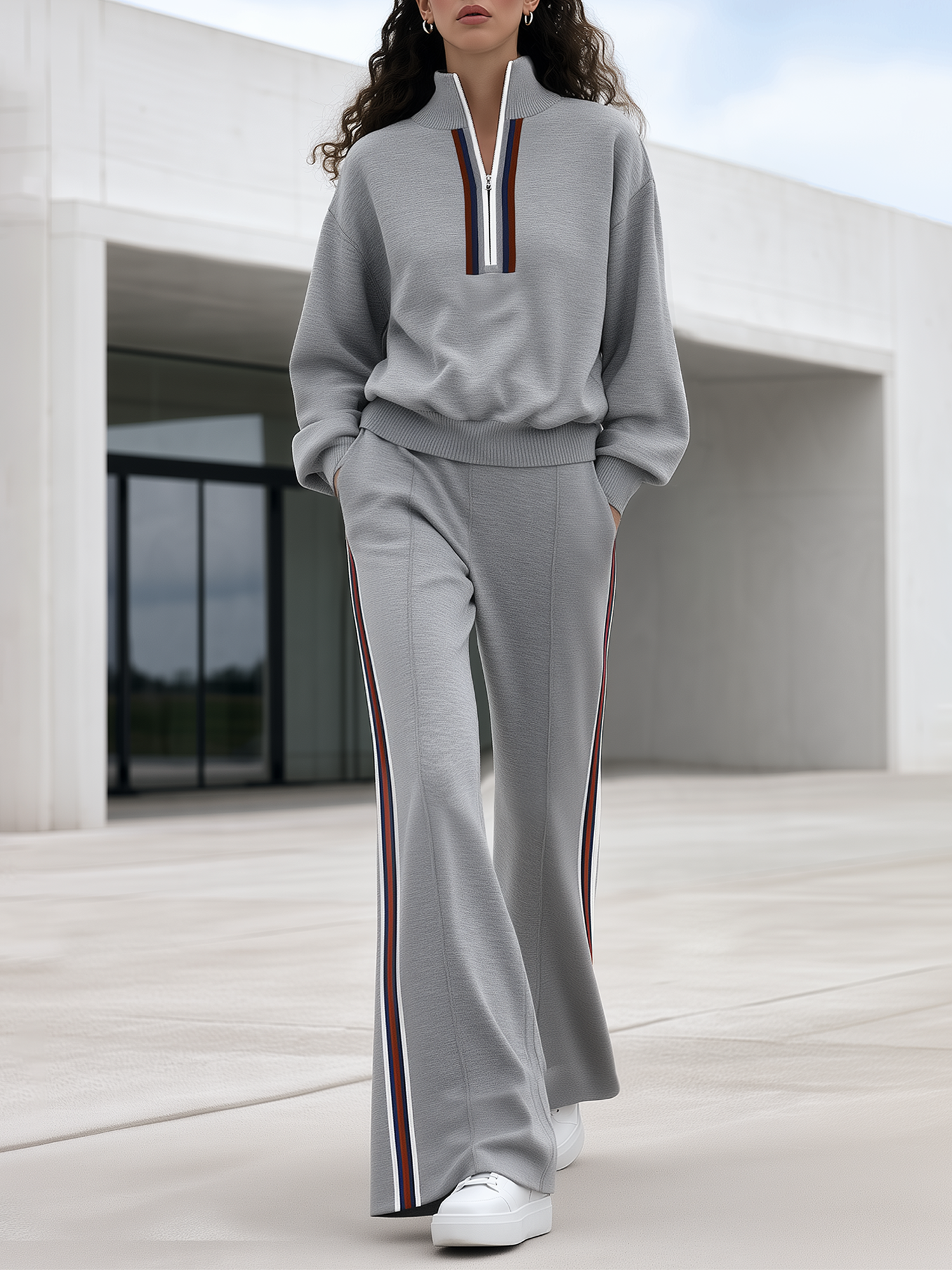 Heather Gray Color-block Tape-detail Half-zip Long-sleeve Top And Wide-leg Flared Trousers Set
