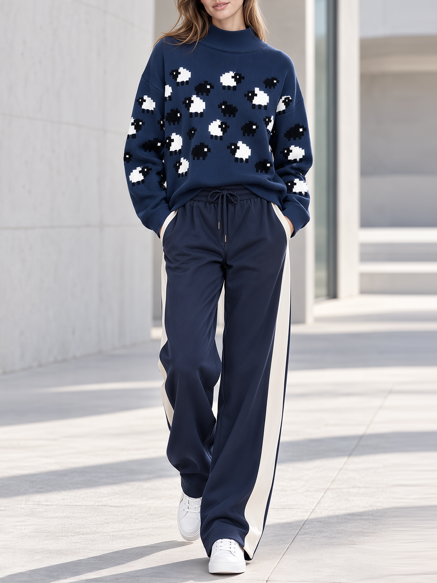 Navy Blue Sheep Pattern Turtleneck Knit Sweater Side Stripe Wide-Leg Pants Set