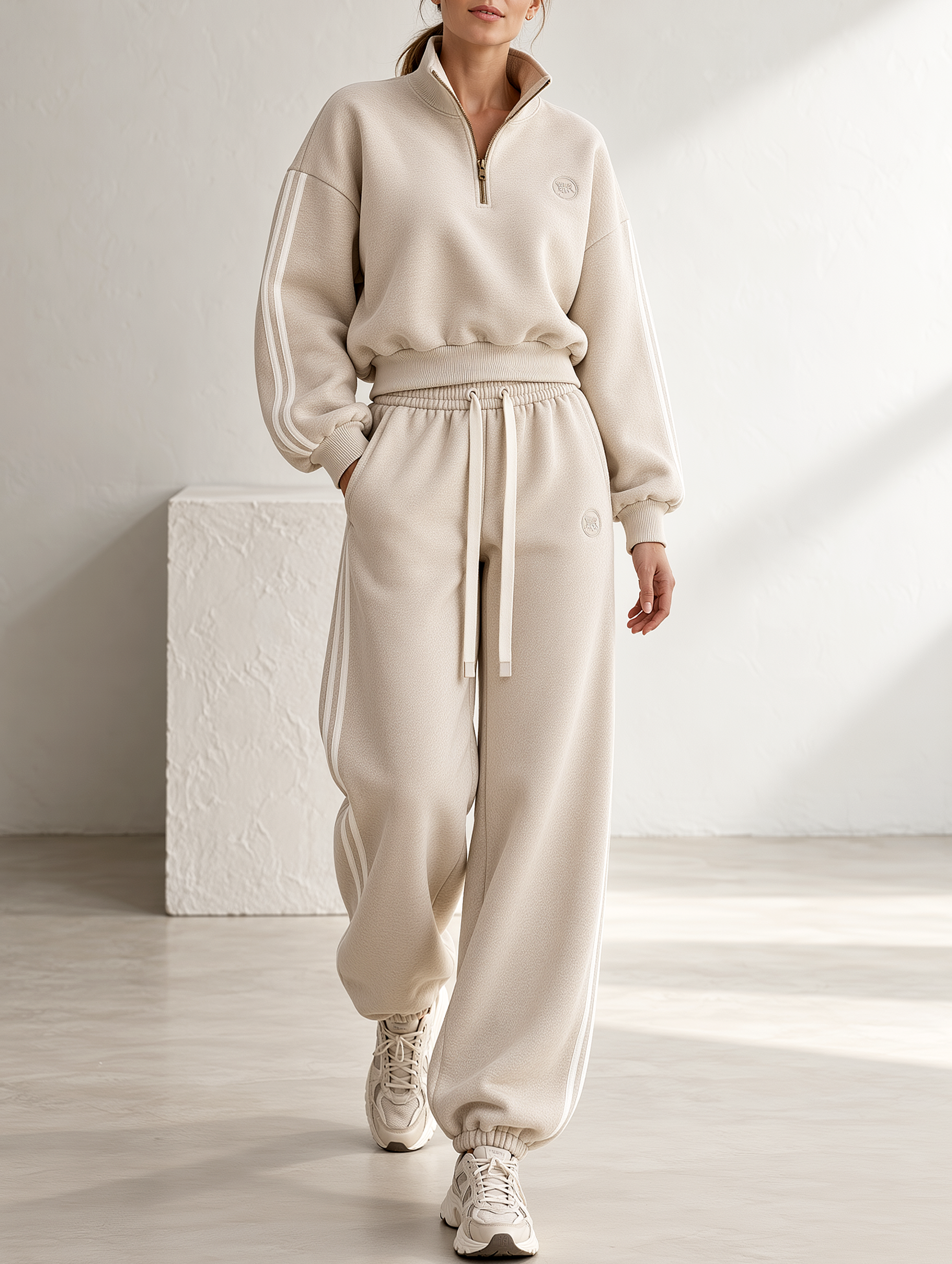 Beige Fleece Half-zip Sweatshirt And Cuffed Sweatpants Set