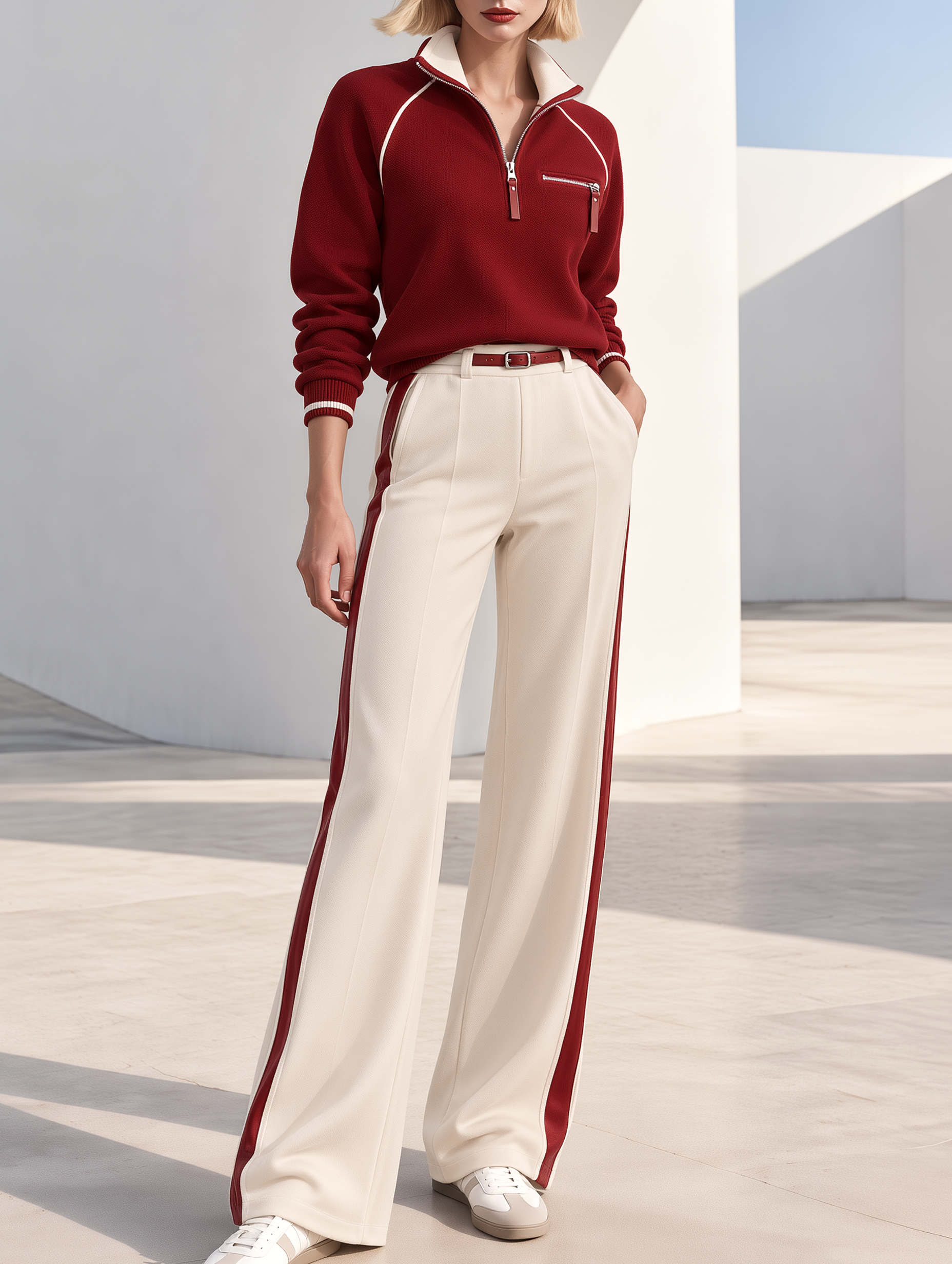 Deep Red Half-zip Sweatshirt And Wide-leg Tailored Trousers Set