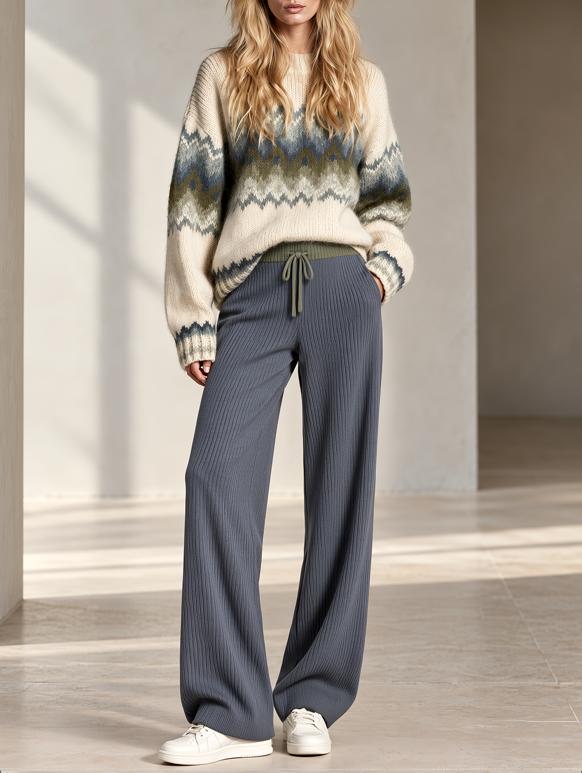 Fair Isle Knit Sweater And Grey-blue Knitted Wide-leg Trousers Set