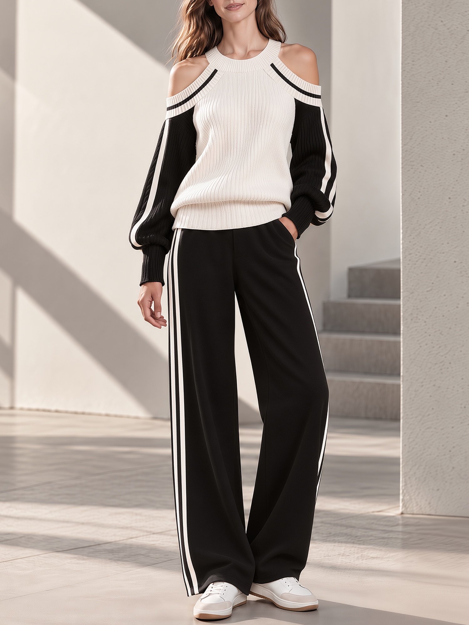 Black And White Color-block Off-shoulder Knit Top And Wide-leg Pants Set