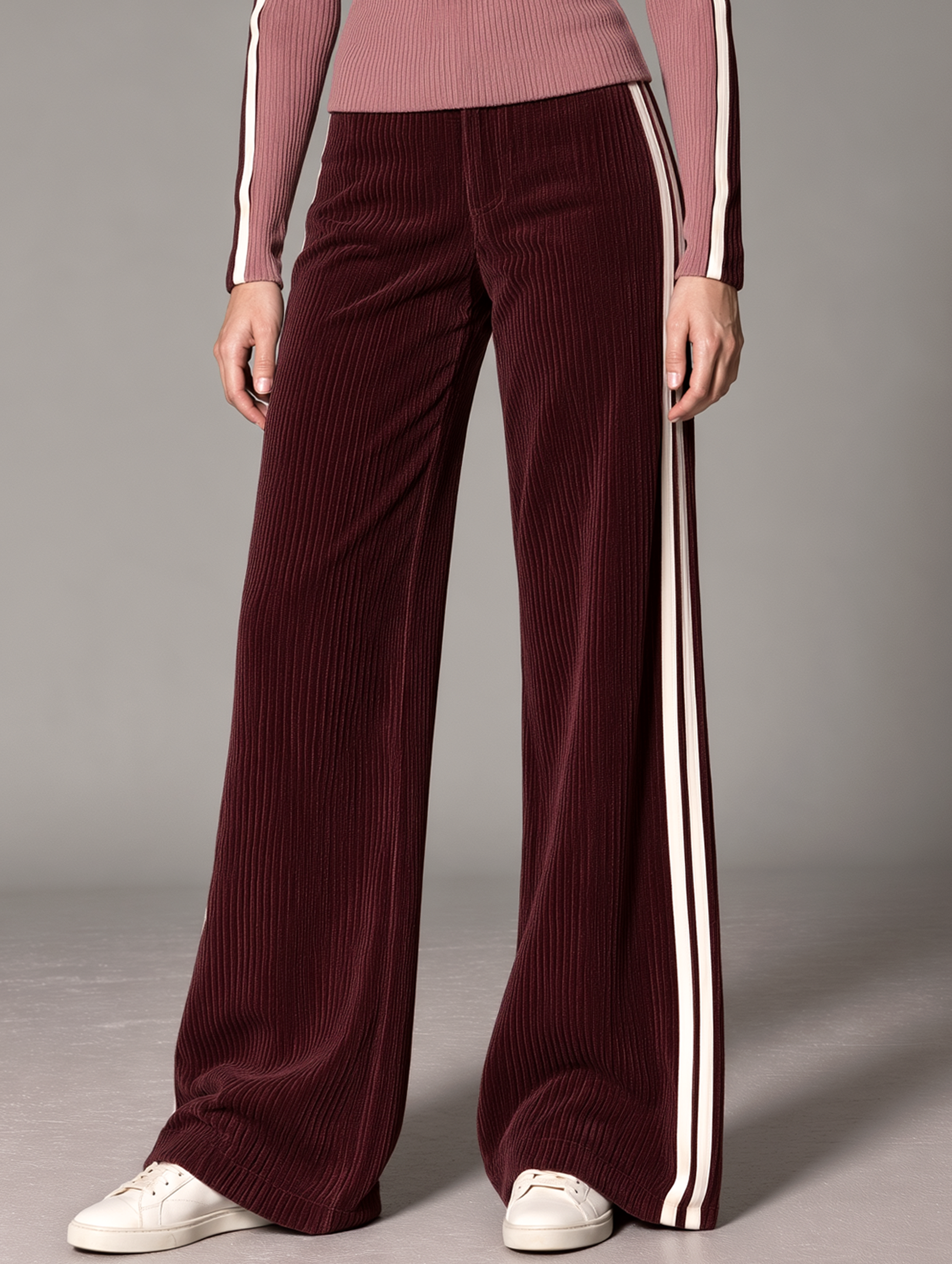 Wine-red Ribbed Velvet Loose-fit Wide-leg Casual Trousers