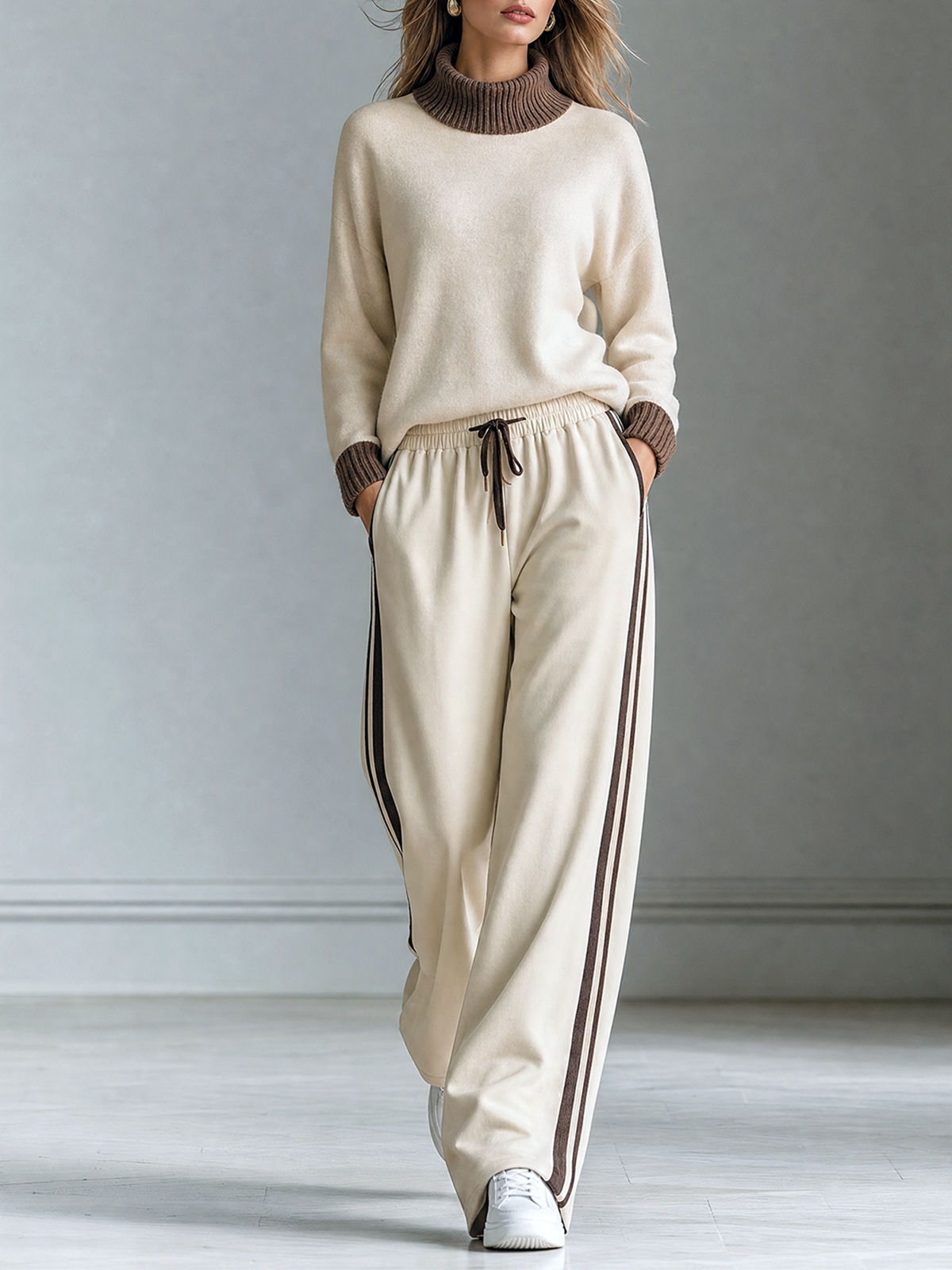 Cream-Dark Brown Contrast Turtleneck Knit Sweater Side-Stripe Wide-leg Pants Set