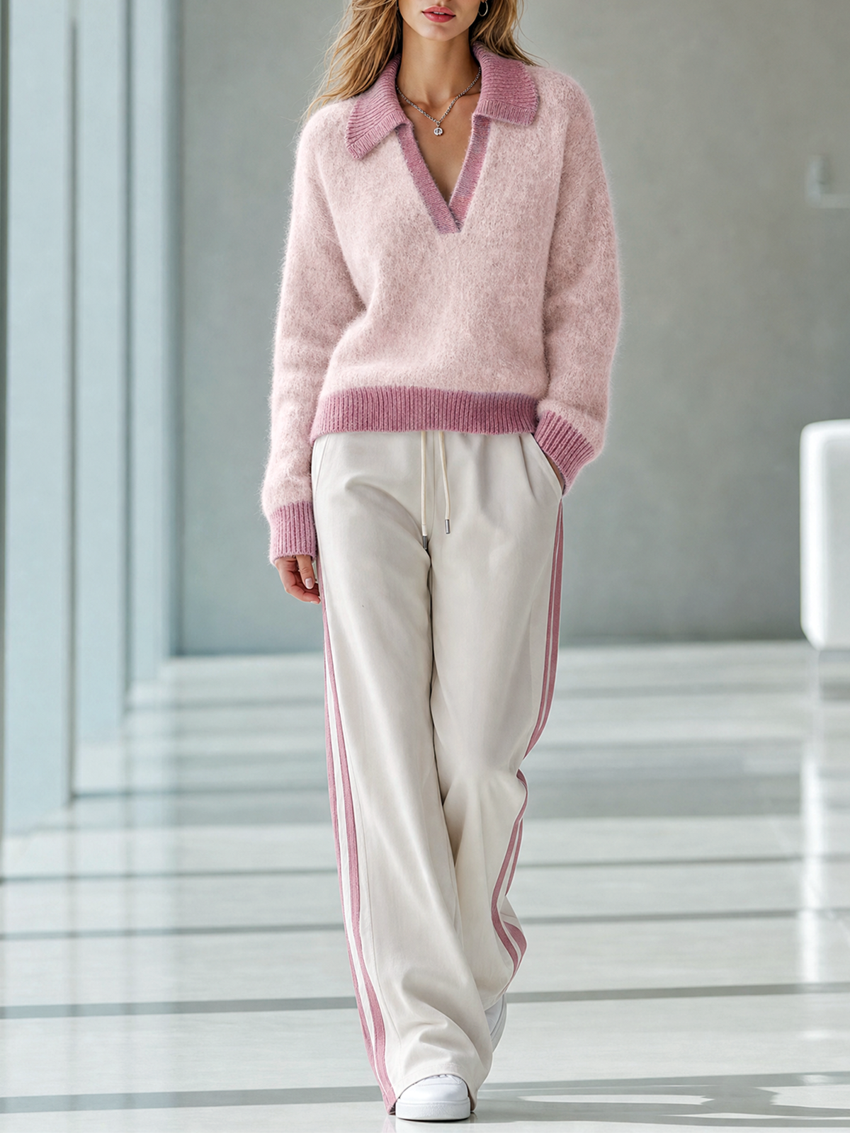 Pink Lape V-Neck Contrast Trim Knit Sweater Off-White Side-Stripe Wide-leg Pants Set