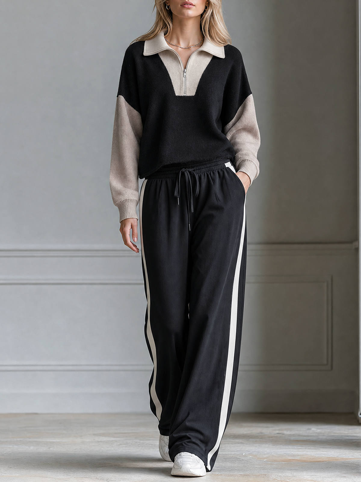 Black-Beige Color Block Lape Half Zip Knit Sweater Side-Stripe Wide-leg Pants Set
