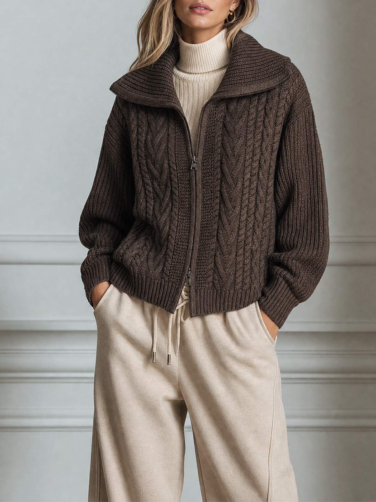 Dark Brown Lape Collar Zip Up Loose-Fit Chunky Cable Knit Cardigan