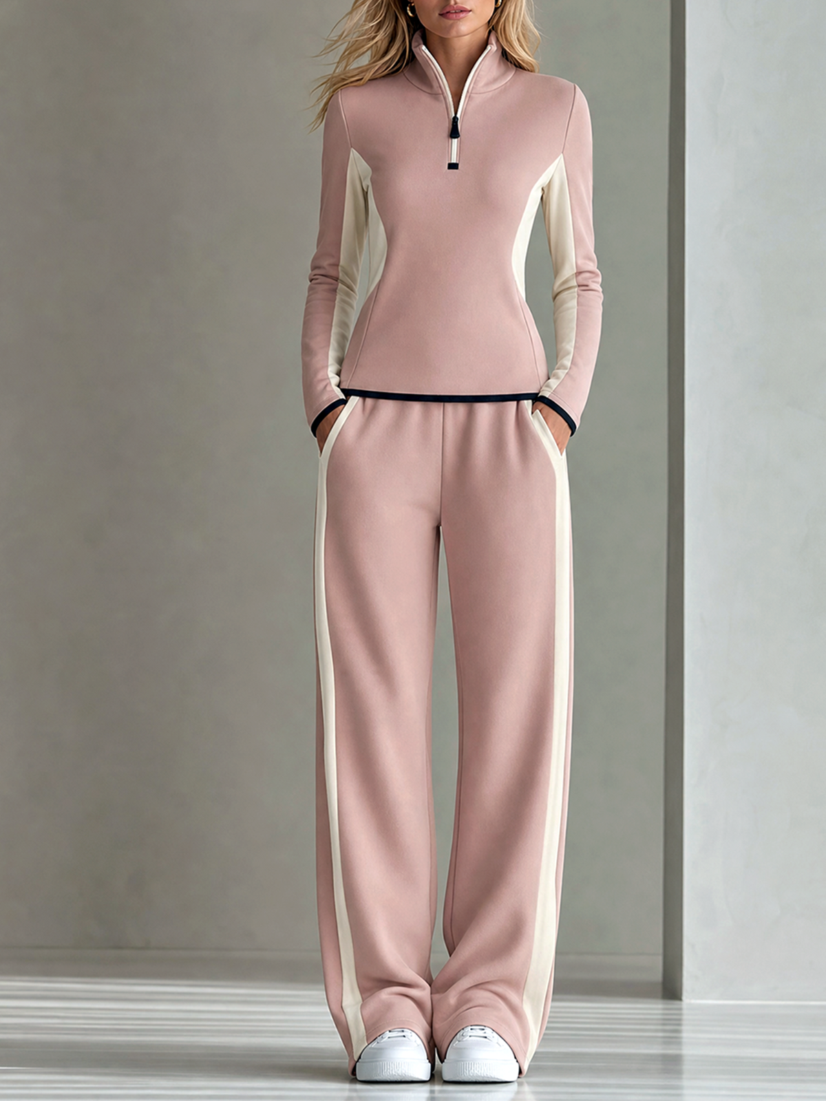 Dusty Pink-White Color Block Stand Half Zip Sweatshirt Side-Stripe Wide-leg Pants Set