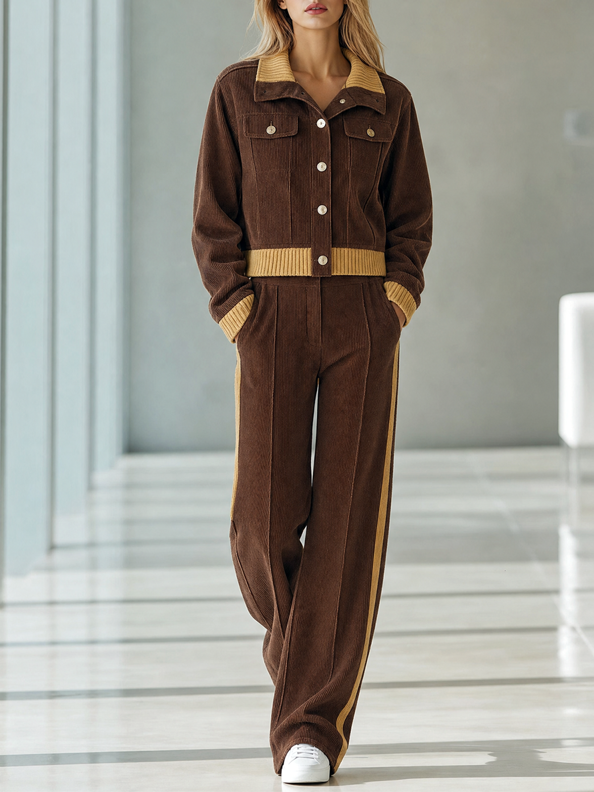 Dark Brown Corduroy Lape Flap Pocket Contrast Rib Jacket Side-Stripe Wide-leg Pants Set