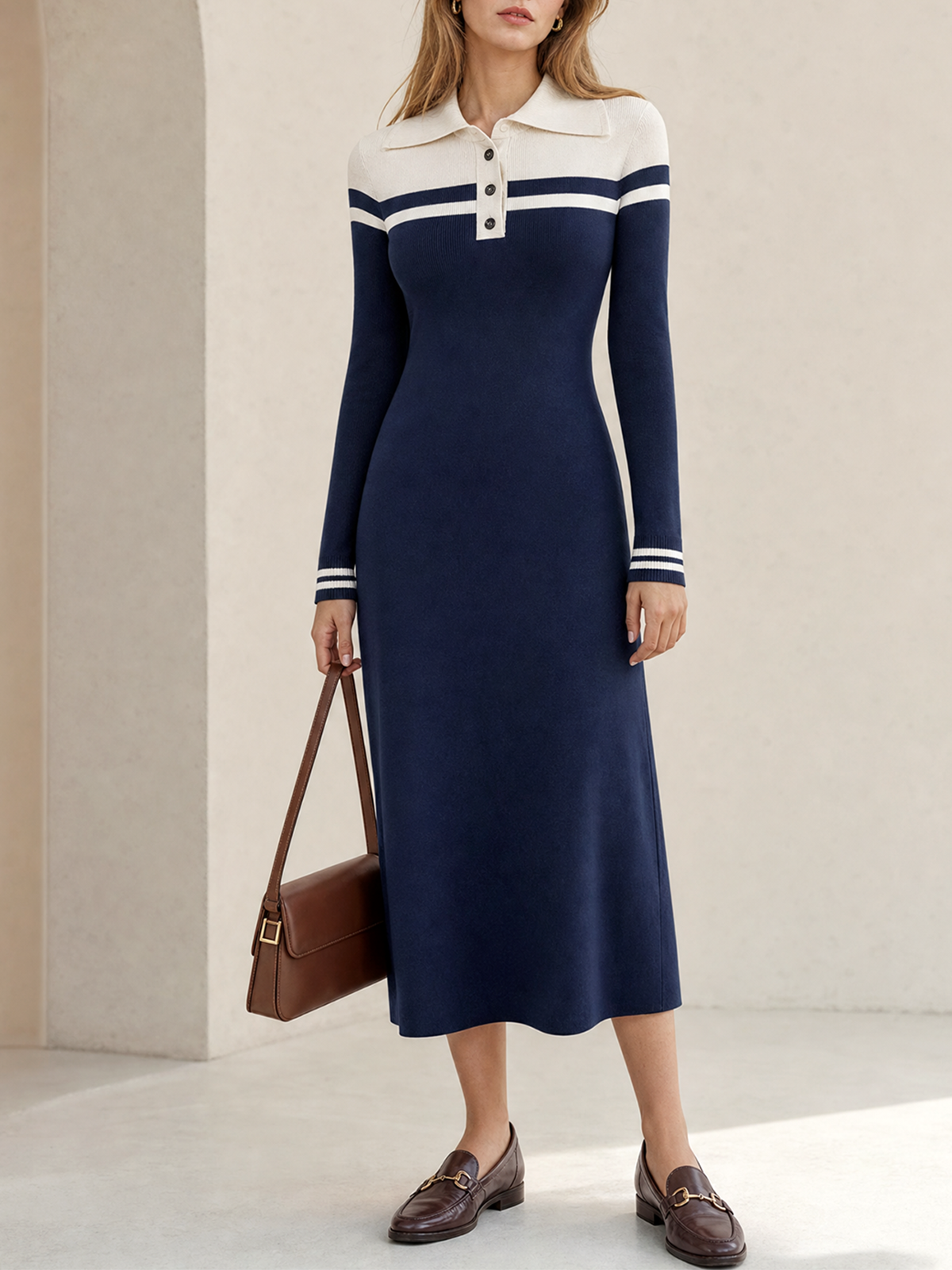 Off-White-Navy Color Block Lape Collar Button Striped Slim Fit Knit Midi Dress
