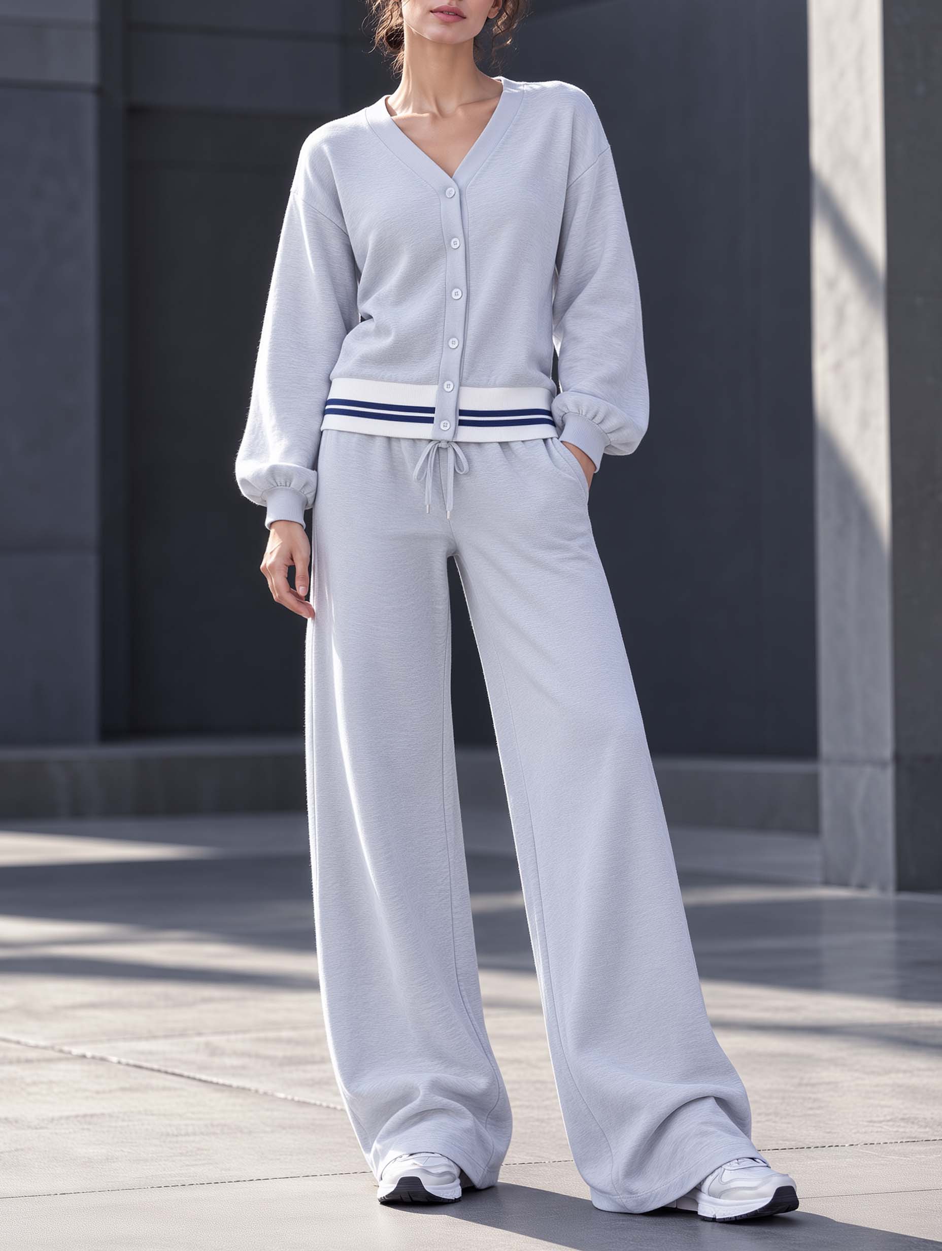 Comfortable And Casual Grey V-neck Long-sleeve Top And Wide-leg Trousers Set