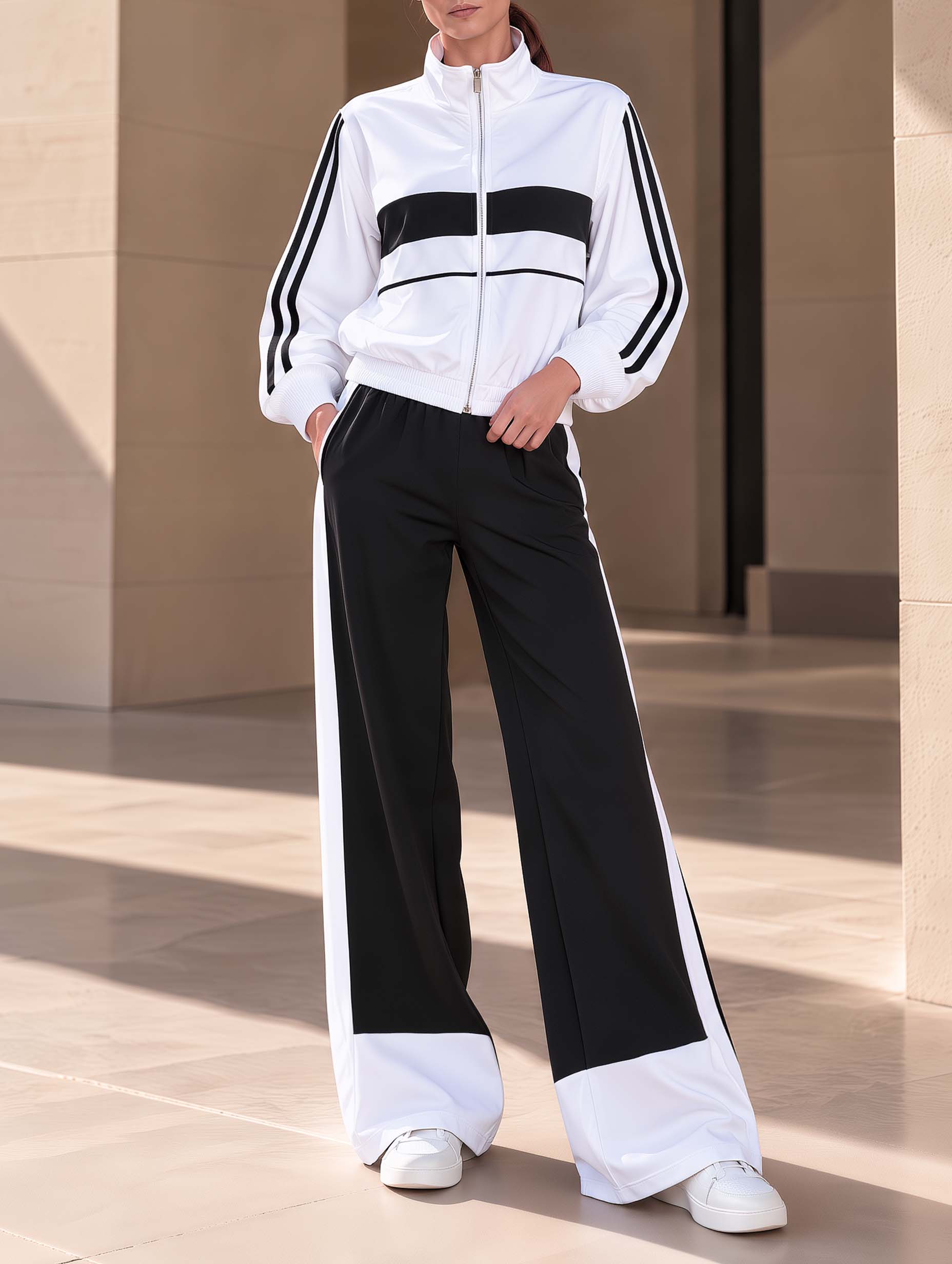 Stylish Sporty Black-and-White Color-Block Casual Jacket And Trousers Set