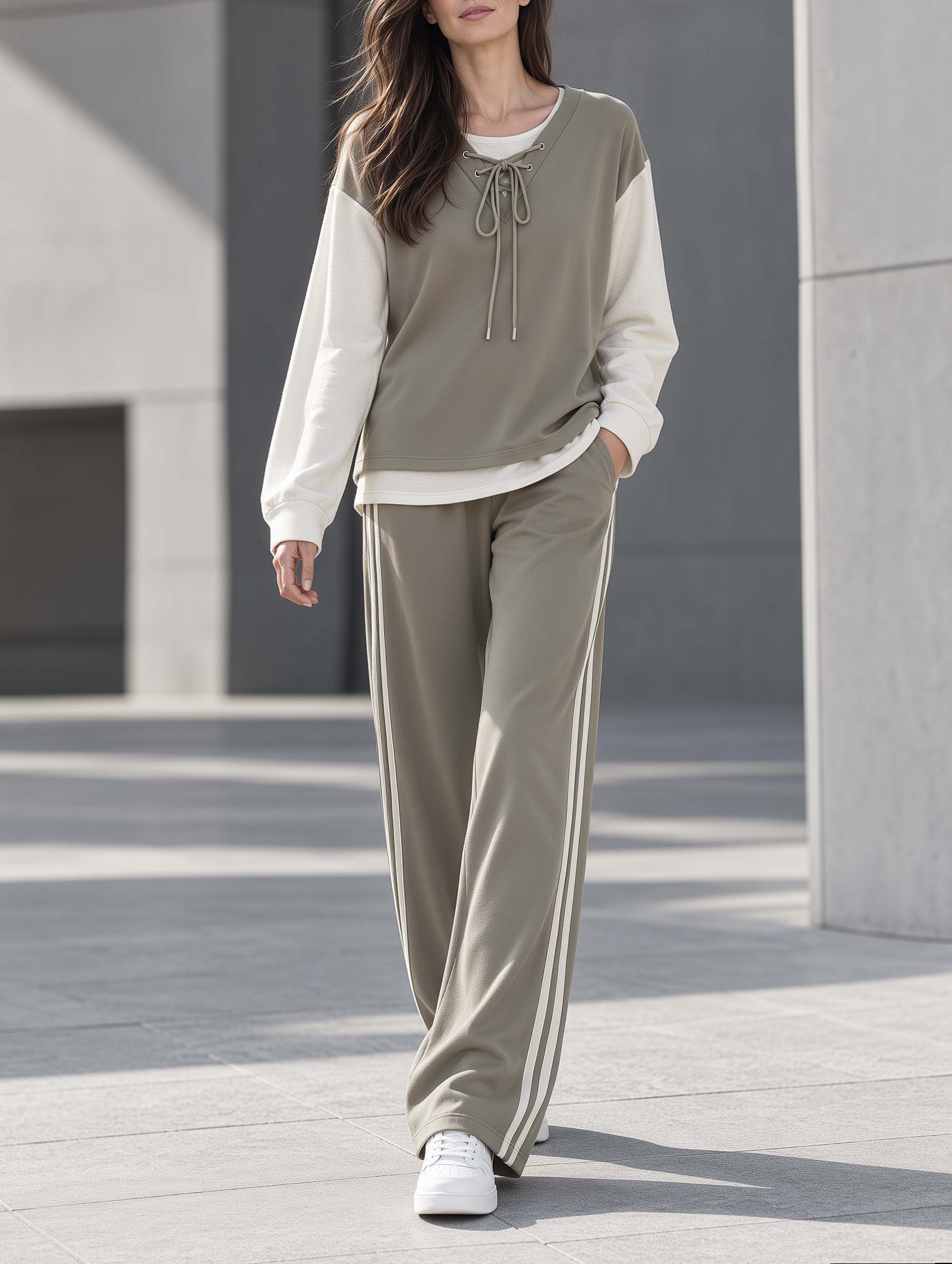 Two-piece-look Long-sleeve Top And Trousers Set In Khaki-green Color-block With Tie-up Detailing
