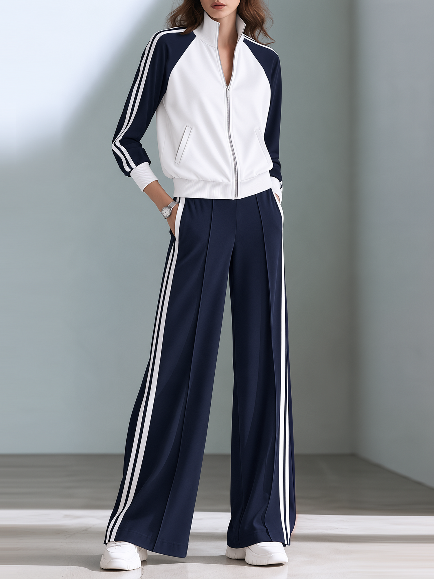 Navy And White Color-block Zip-up Jacket And Wide-leg Trousers Set