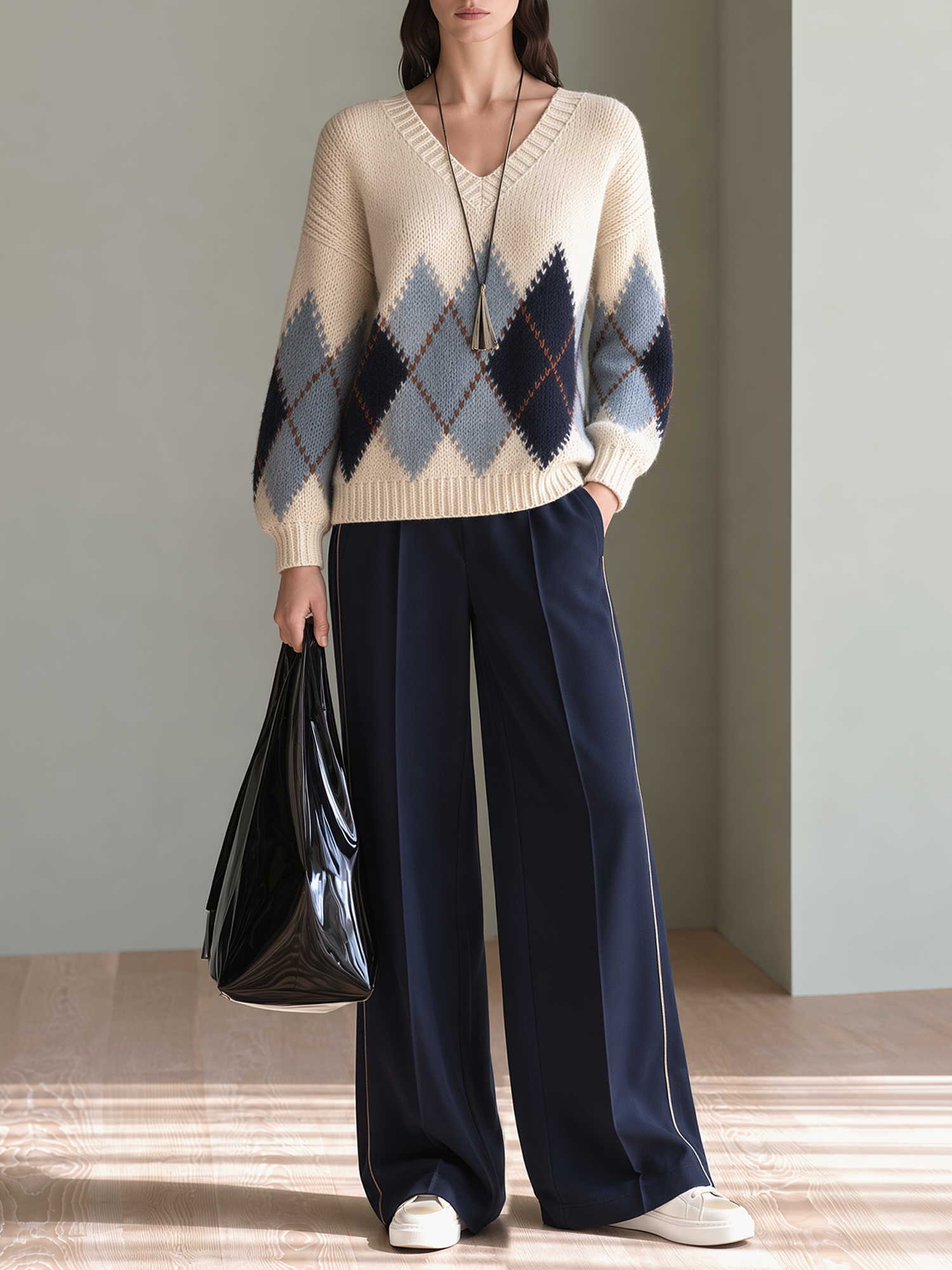 Color-block Diamond-pattern Jacquard V-neck Sweater And Navy Wide-leg Trousers Set